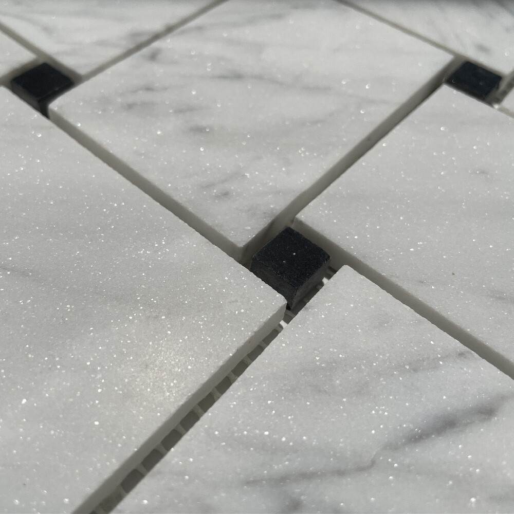 C661XH Wide Big Basketweave Carrara White Marble Mosaic Tile Honed Black Dots