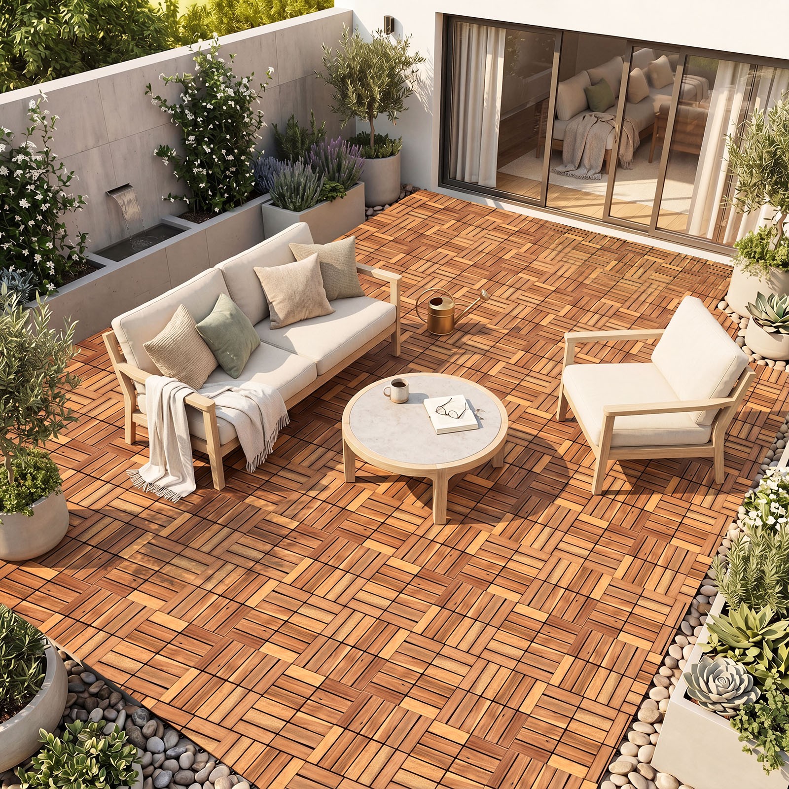 12″ x 12 Acacia Wood Interlocking Deck Tiles 27 PCS Waterproof Flooring Tiles