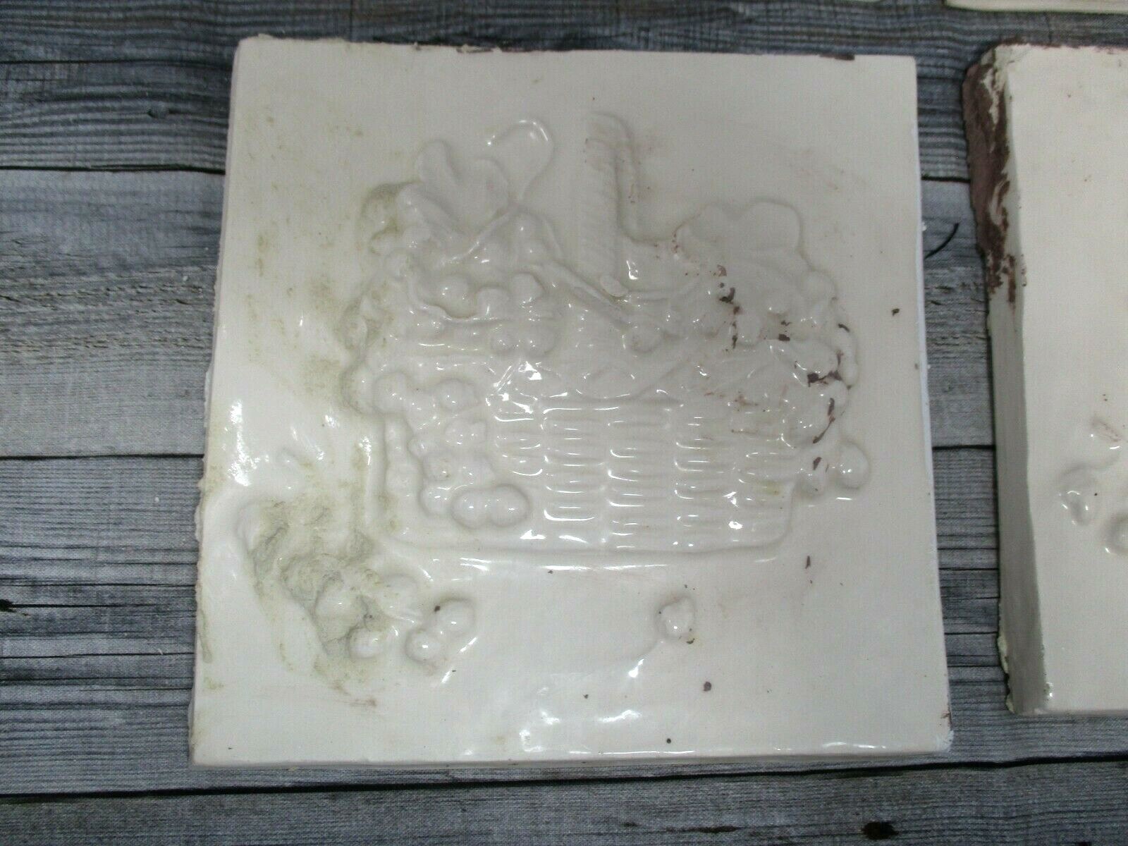 Vintage Ceramic Tile 6 inch white raised grape fruit basket country kitchen