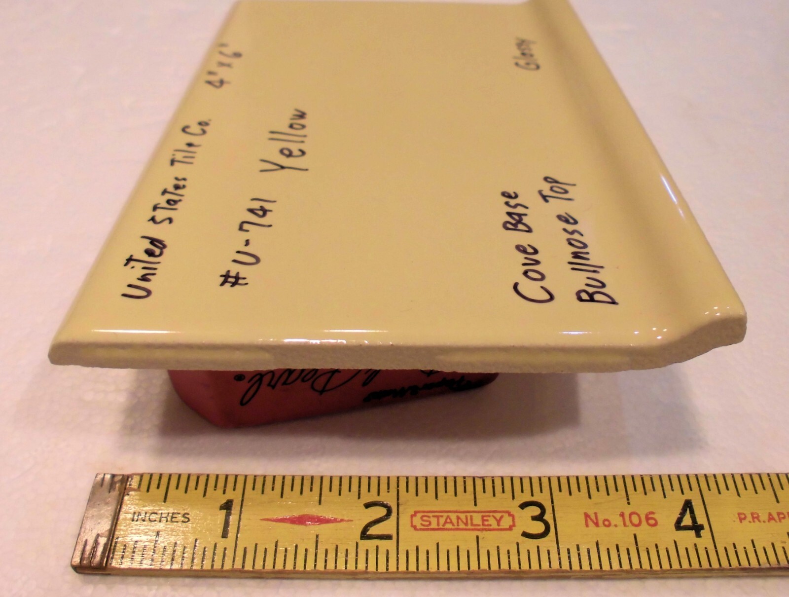 1 pc. Bright Yellow: Cove Base Ceramic Tile: Bullnose Top, Glossy 4″ X 6″ NEW