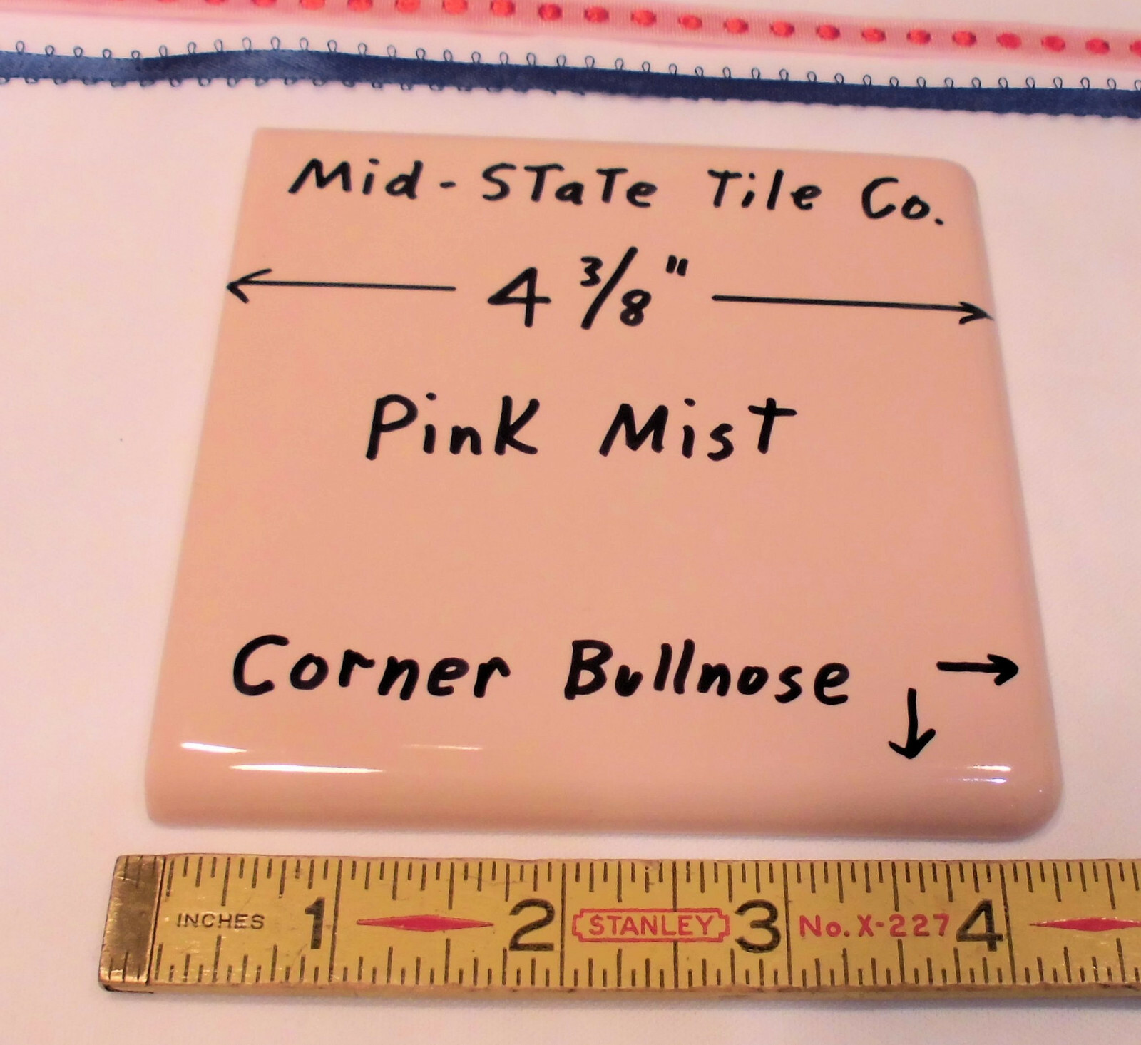 1 pc. “Glossy Pink Mist” Corner Bullnose Ceramic Tile 4-3/8″ by Mid-State Co.