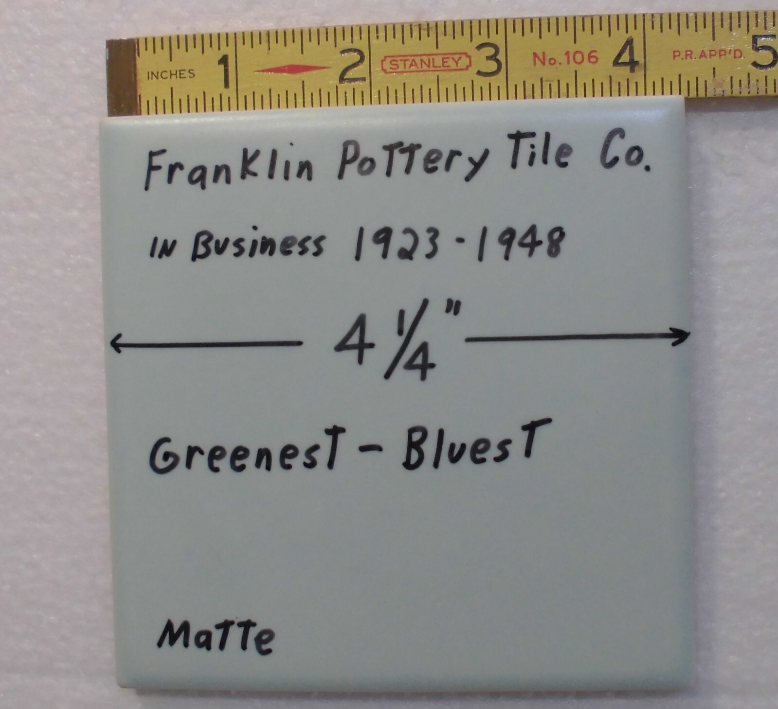1 pc. Green – Blue: Matte Ceramic Tile by Franklin Co. 4-1/4″ Criteria 1930’s