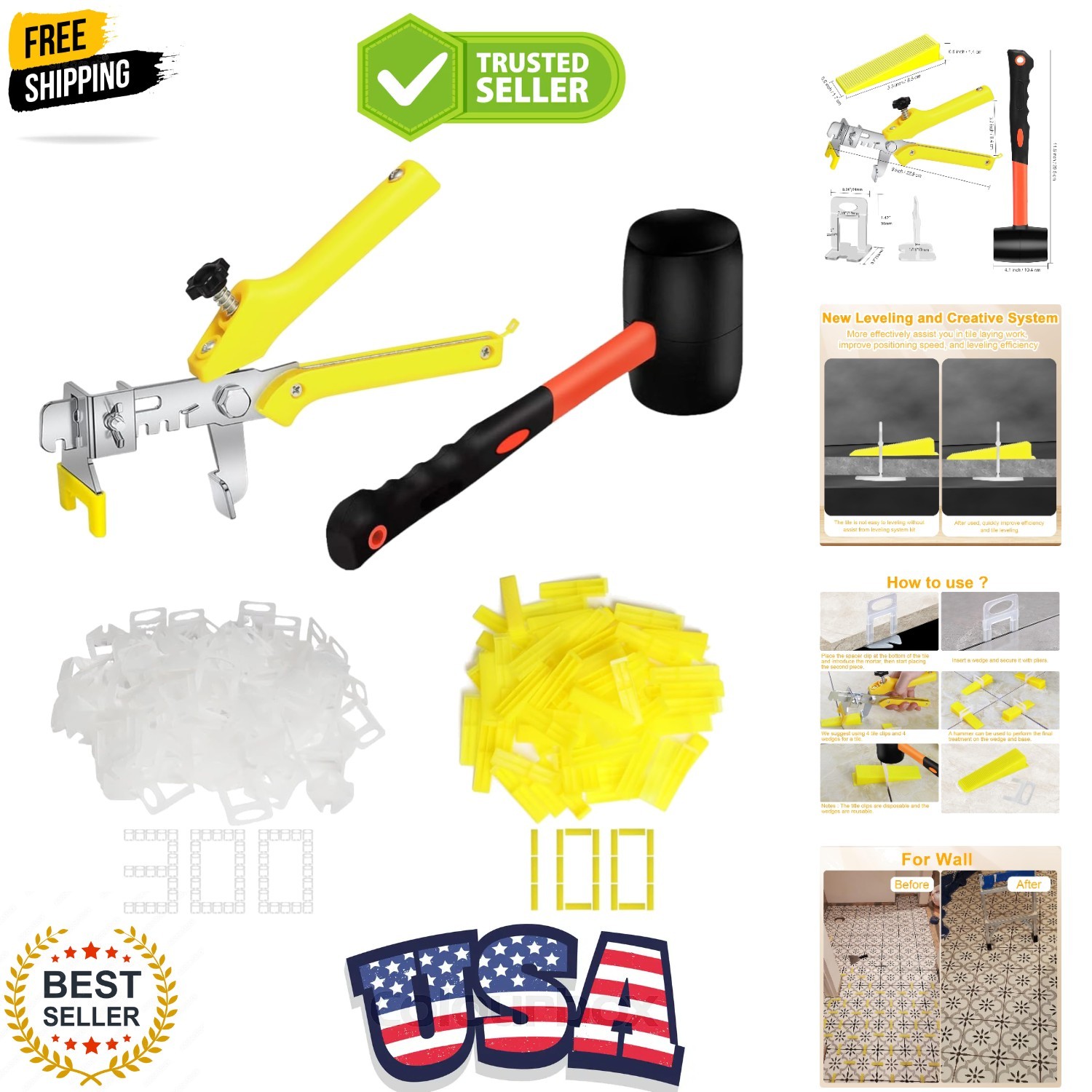 Tile Leveling System with Tile Pliers and Hammer – 300 Piece Tile Spacers Cli…