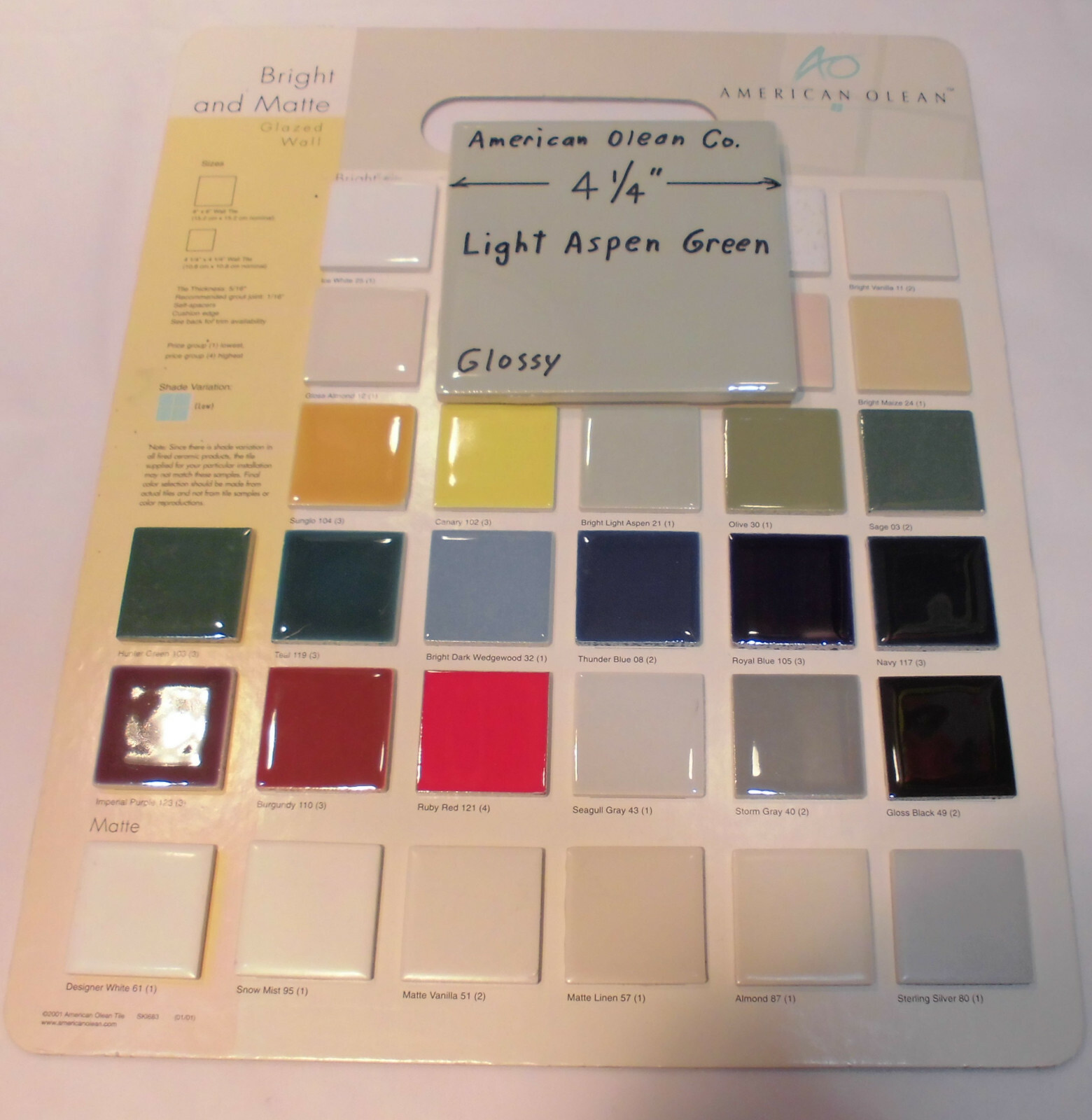 1 pc. Light Aspen-green-gray* Glossy Ceramic Tile #21 by American Olean 4-1/4″