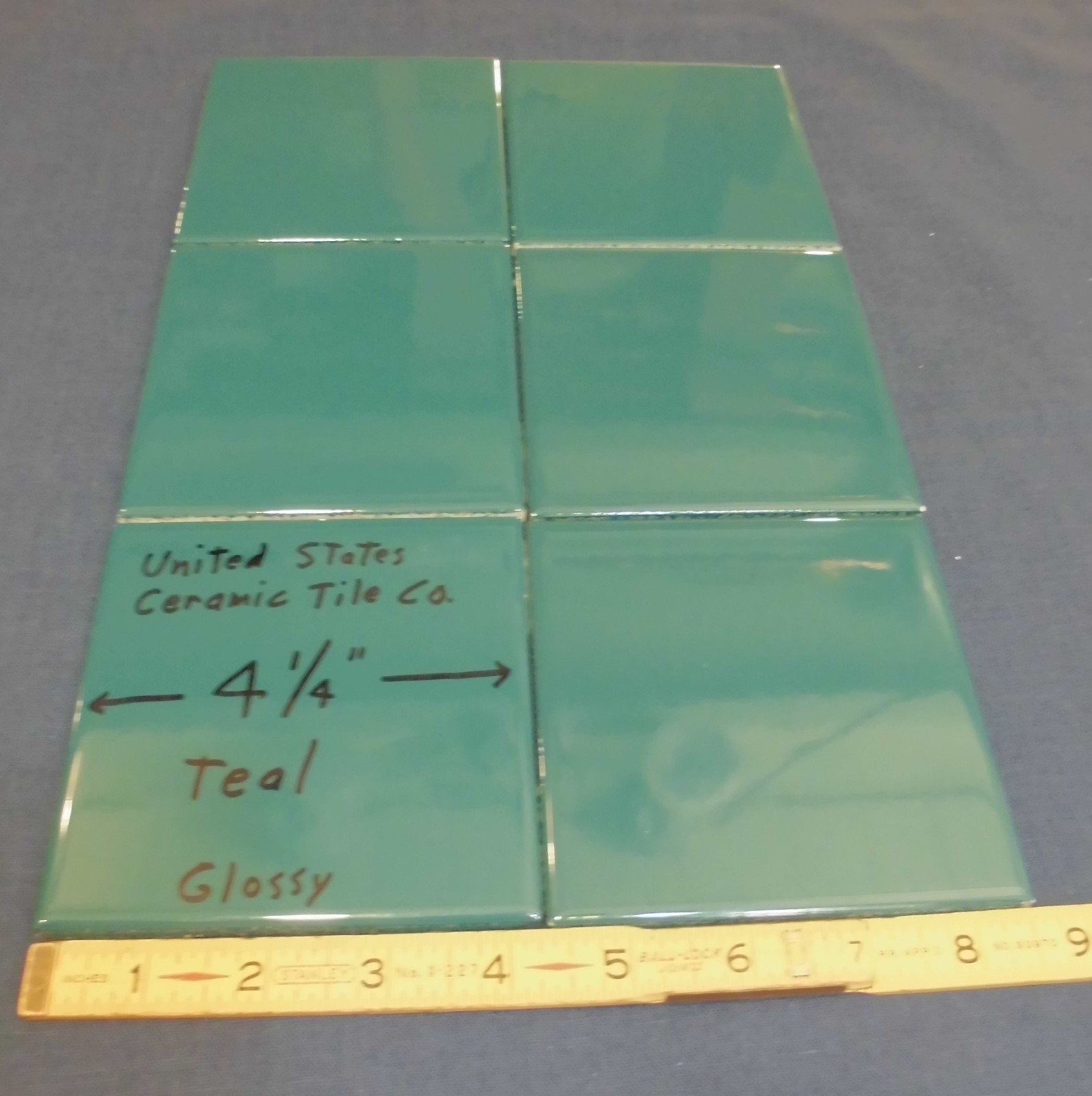 6 pieces Gloss Teal: 4-1/4″ ceramic tiles from the 1990’s, Made U.S.A. “NOS”