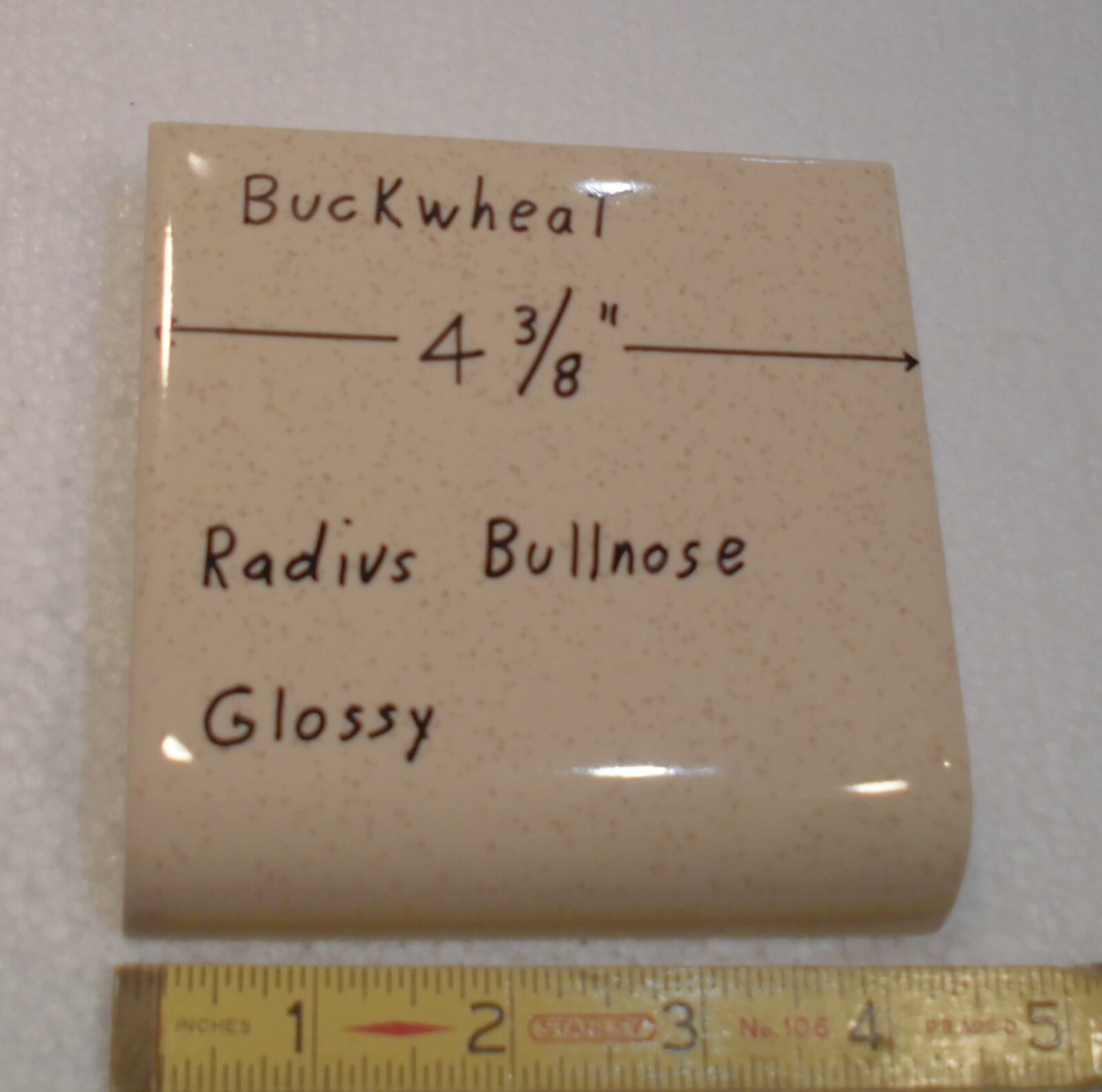1 pc. Buckwheat: Bullnose Radius Ceramic Tile 4-3/8″ Glossy Mudd Caps, NOS
