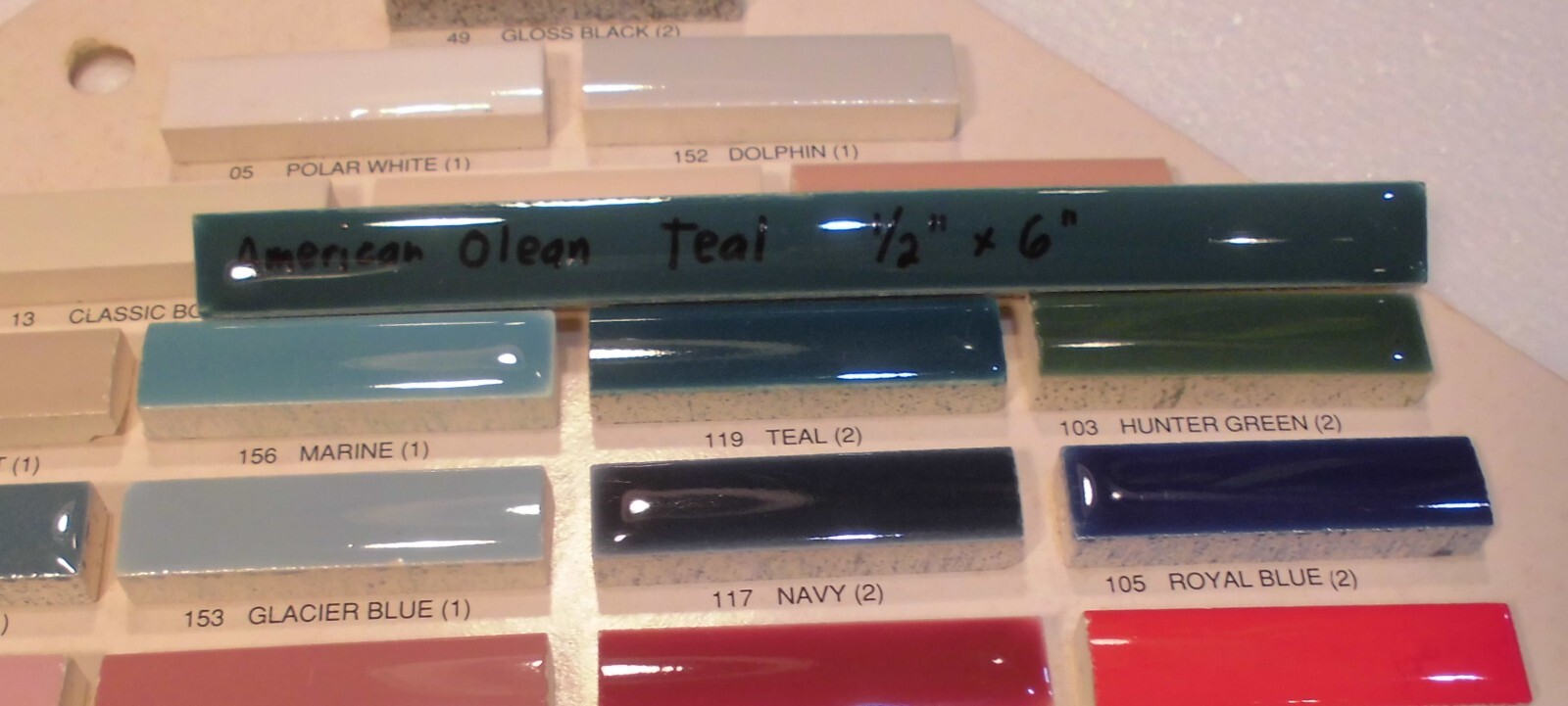1 pc. Glossy Teal Ceramic Tile: Pencil – Liner – Sizzle: 1/2″ X 6″ by A.O. Green
