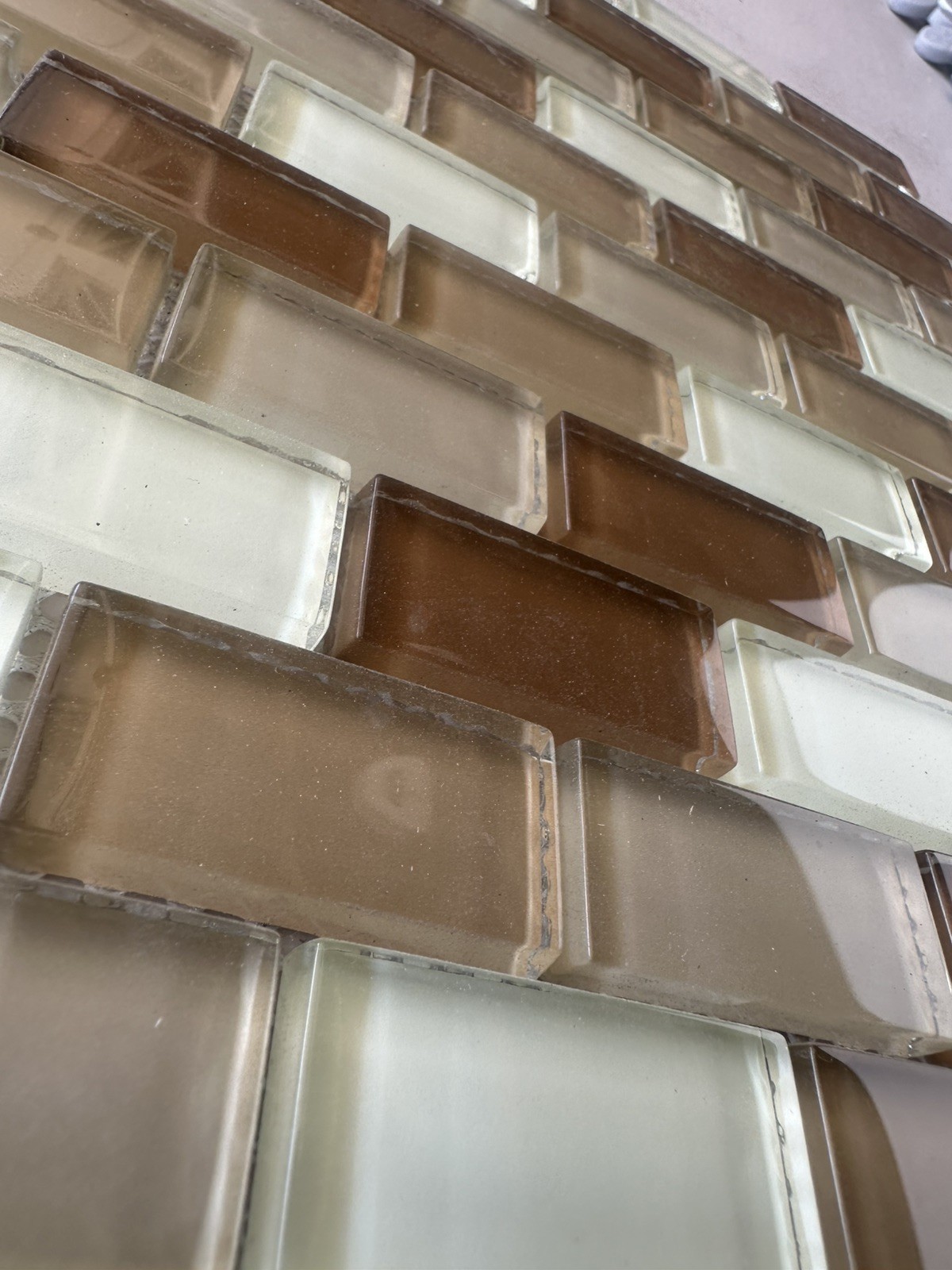 Light Beige 1×2 inch Mix Glossy Glass Mosaic Offset Mesh Mounted