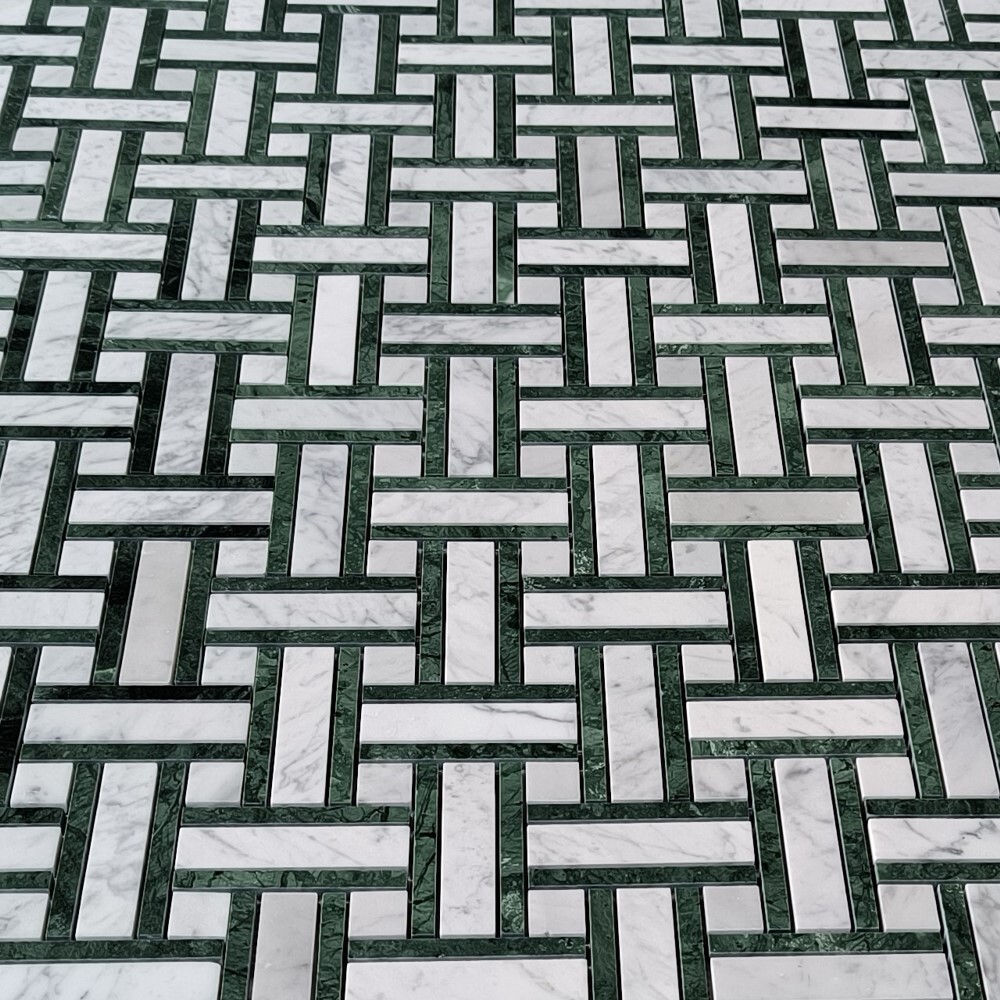 C66A2XP Carrara White Marble Twine Basketweave Mosaic Tile Indian Green