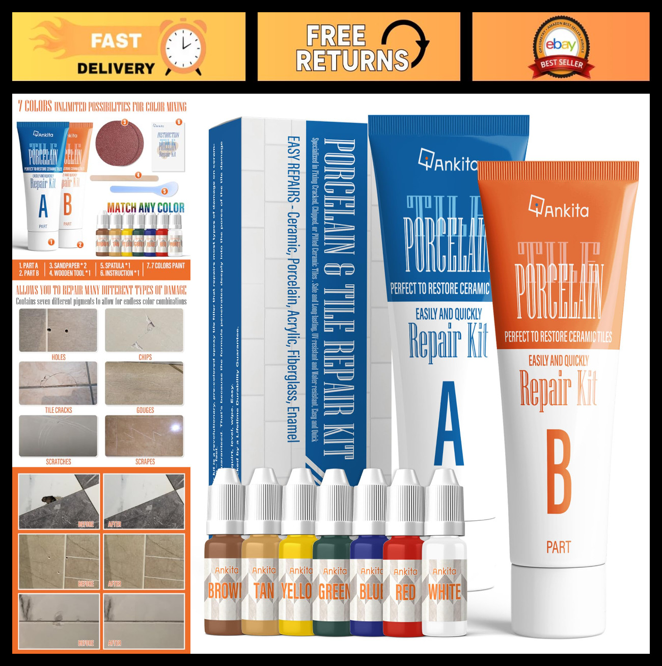 Ceramic Tile Repair Kit for Chips & Cracks – Color Match, Strong Adhesion Filler