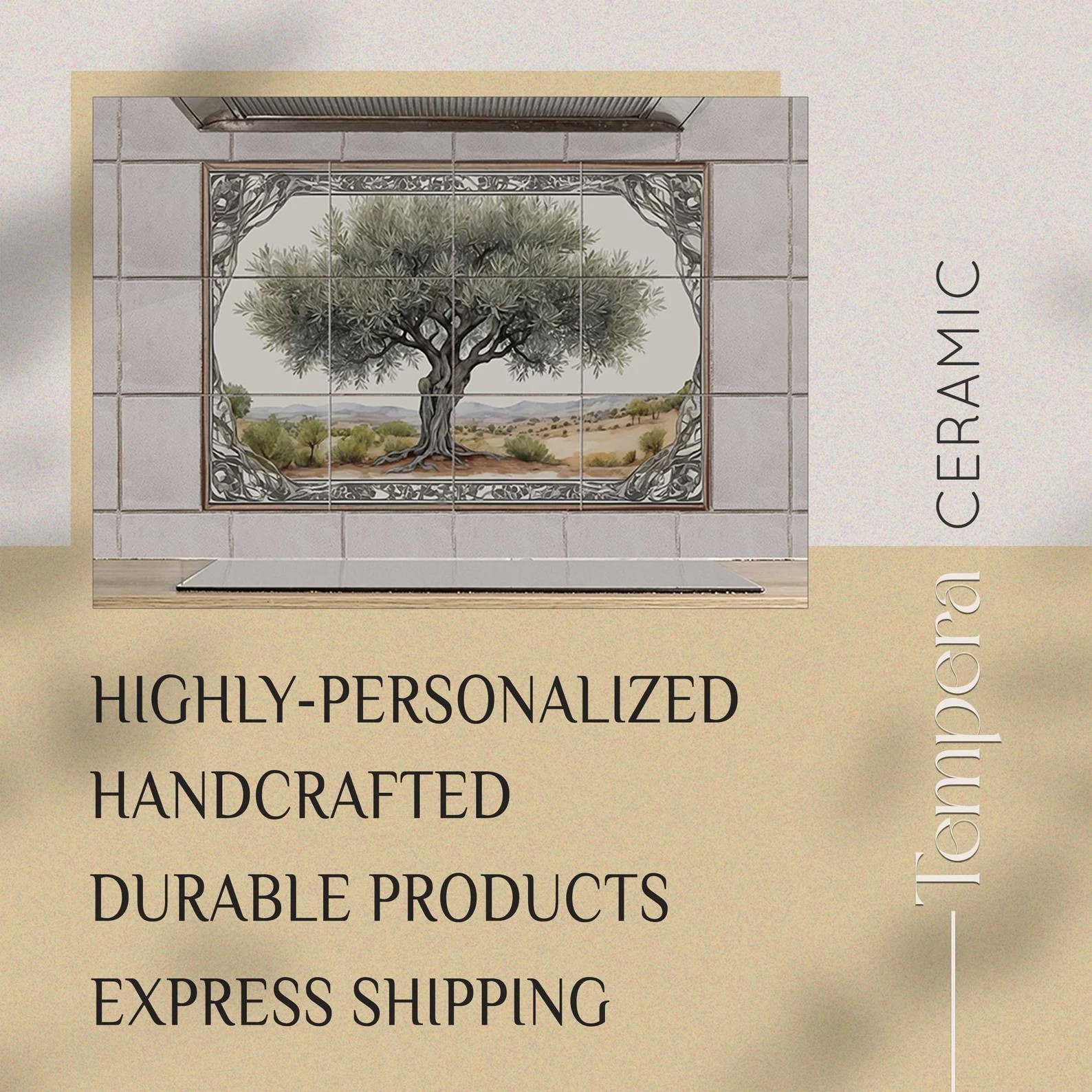 Mediterranean olive tree tiles backsplash, kitchen tile tree design, stove tiles