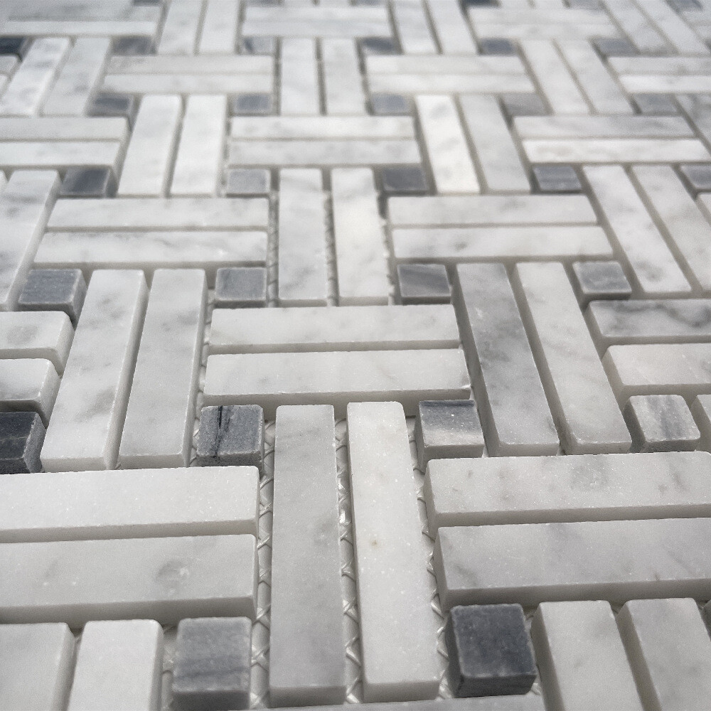 C697XH Carrara White Diagonal Basket Weave Gray dots Marble Mosaic Tile Honed