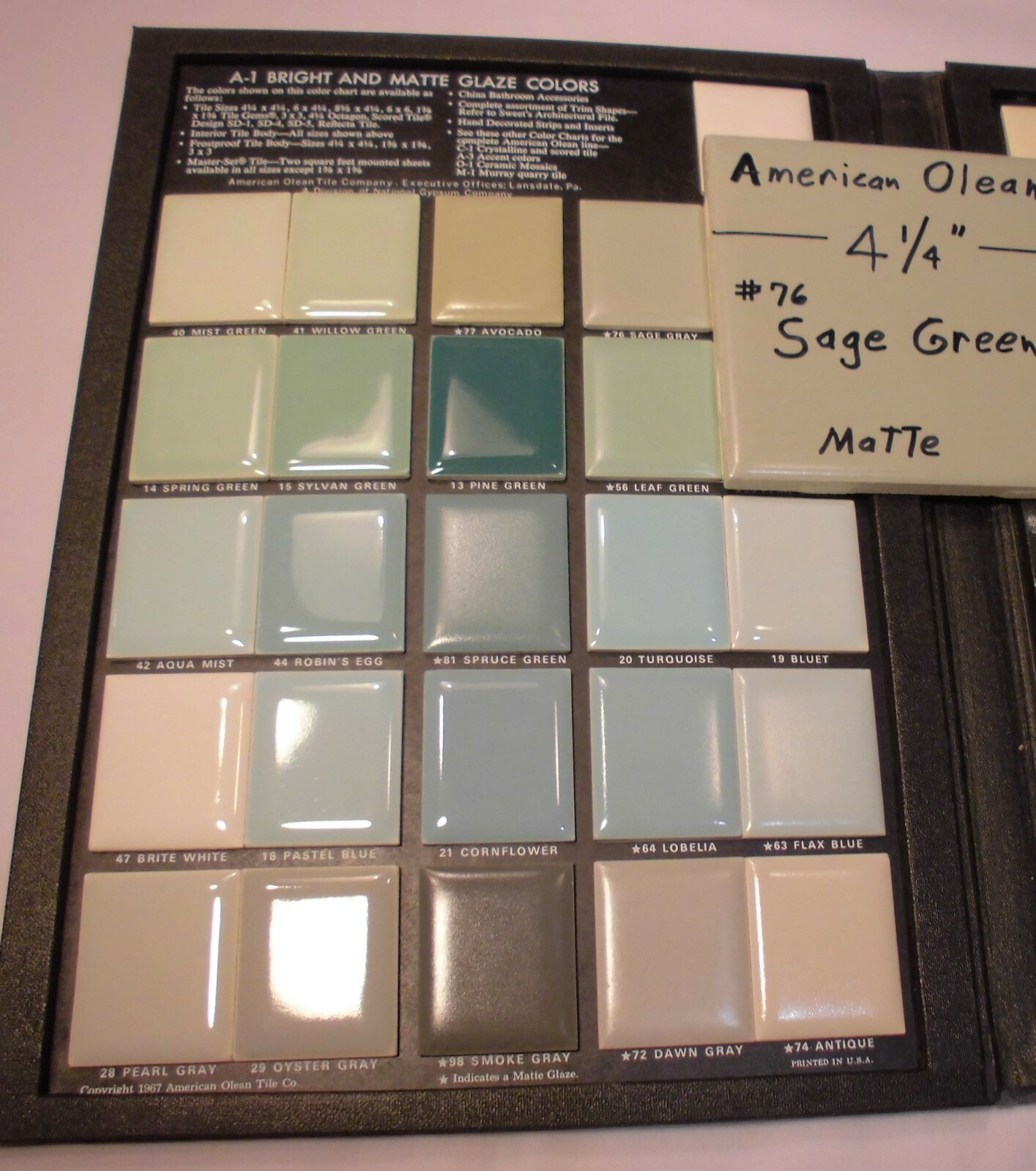 5 Ceramic Tiles *Sage Gray* by American Olean 4-1/4″ Greenest, Matte, NOS