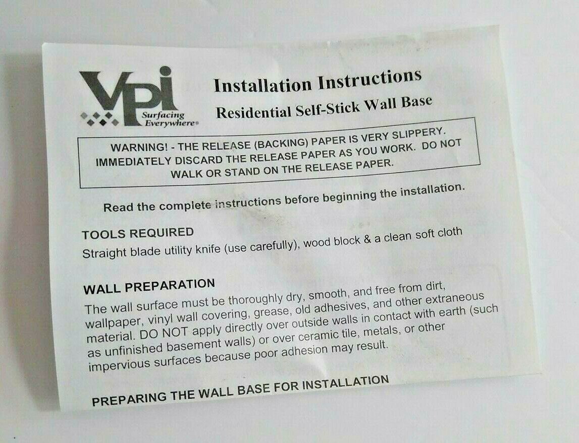 VPI Residential Self-Stick Vinyl Wall Base Beige 73″ Made USA Light Commercial