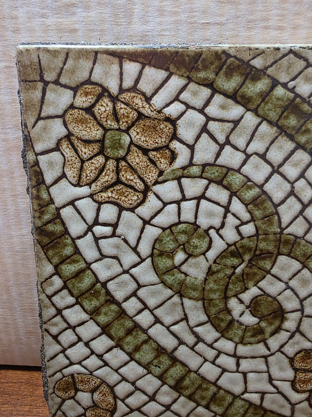 1970s Vintage Ceramic Floral Pattern Green/Floor Tiles Made In Italy