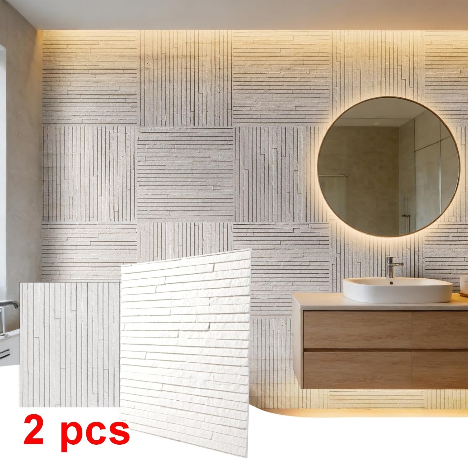 2 Pcs 3D White Faux Stone Wall Panels 11.8’‘ x 11.8’’ x 0.2”, Inorganic Clay