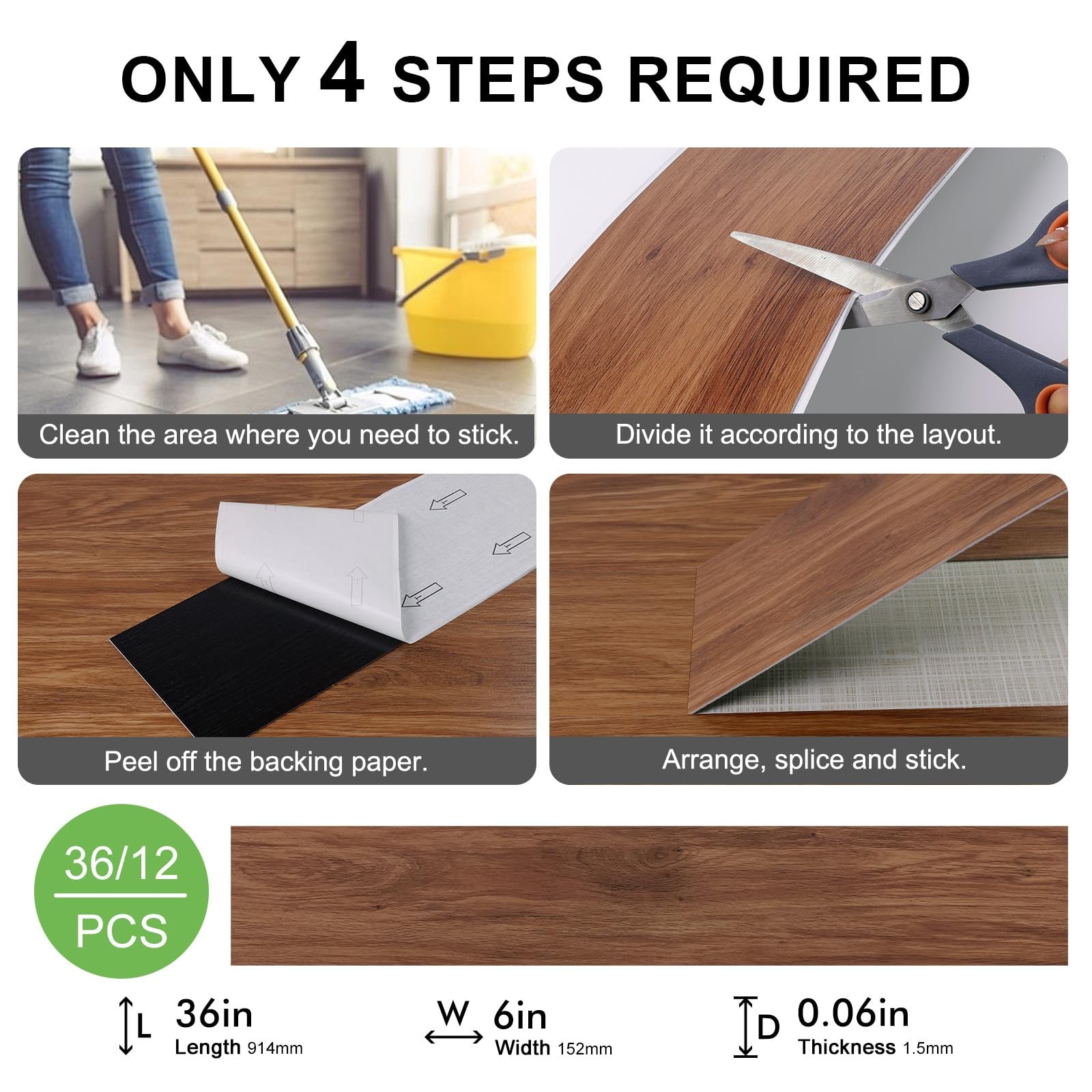 Brown Peel and Stick Floor Tile Vinyl Plank Flooring Wood Grain Look 36-Pack …