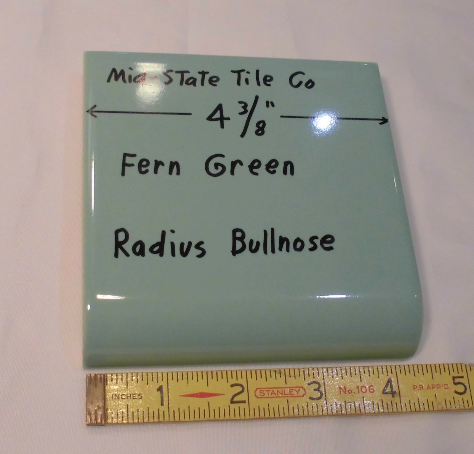 1: Fern Green Radius Bullnose Ceramic Tile 4-3/8″ by Mid-State: Glossy Mudd Cap