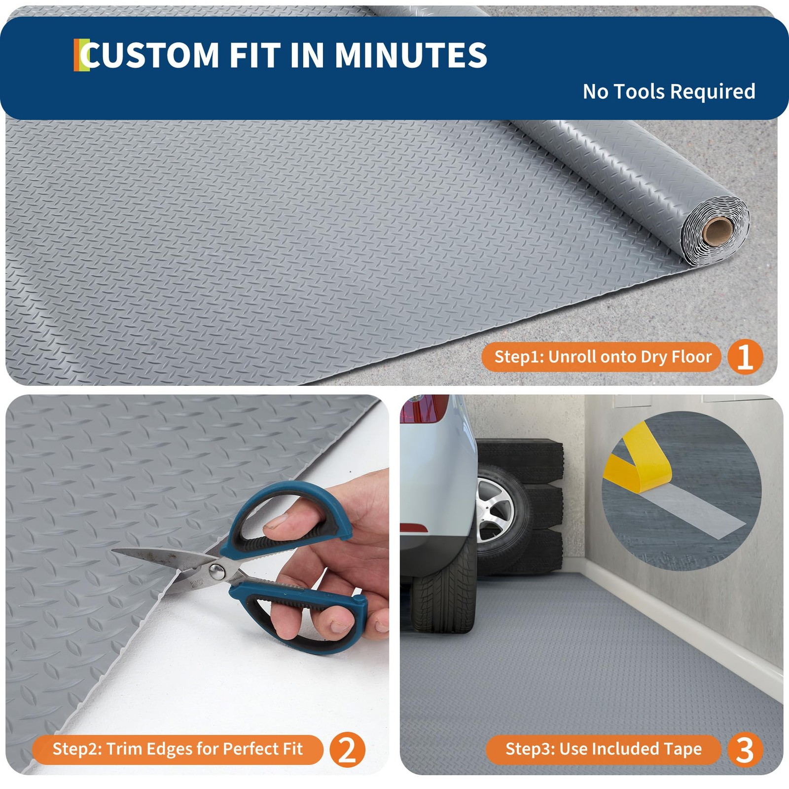 7.5×17 FT Garage Floor Mat, 2mm Thickened PVC Non-Slip Garage Roll Diamond Plate