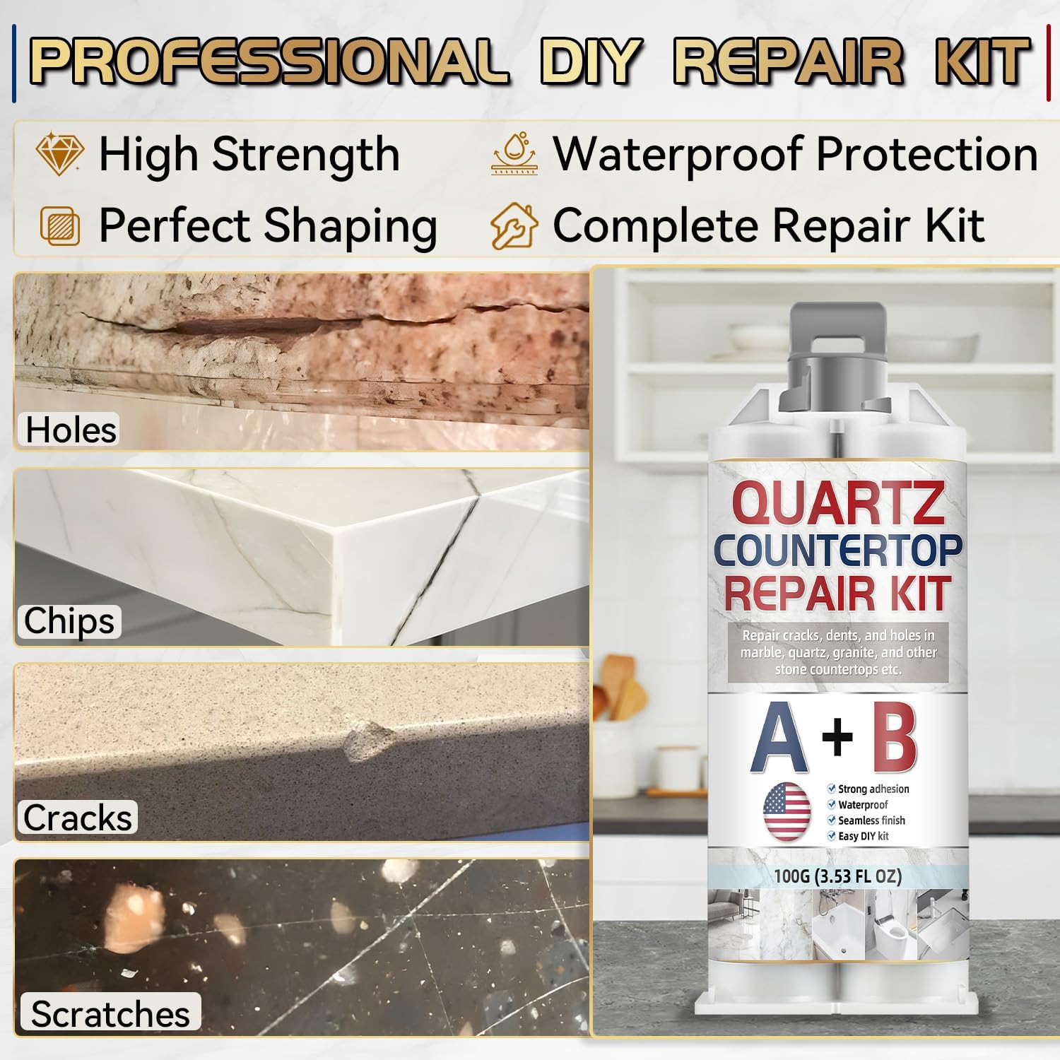 Quartz Countertop Repair Kit, Granite Repair Kit, Strong Bond, Seamless Fix, Mar
