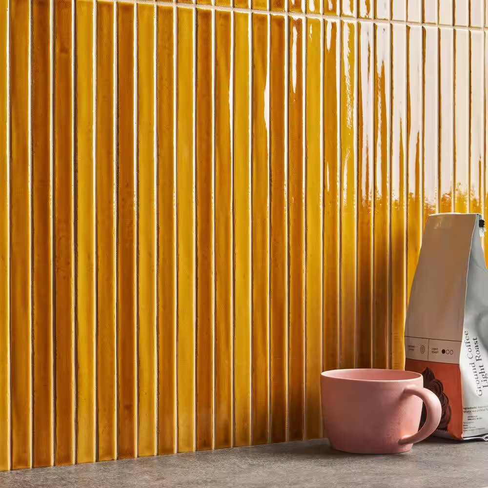 Vistaio Mustard Yellow 5.27 In. X 17.71 In. Glossy Ceramic Mosaic Wall Tile (0.6