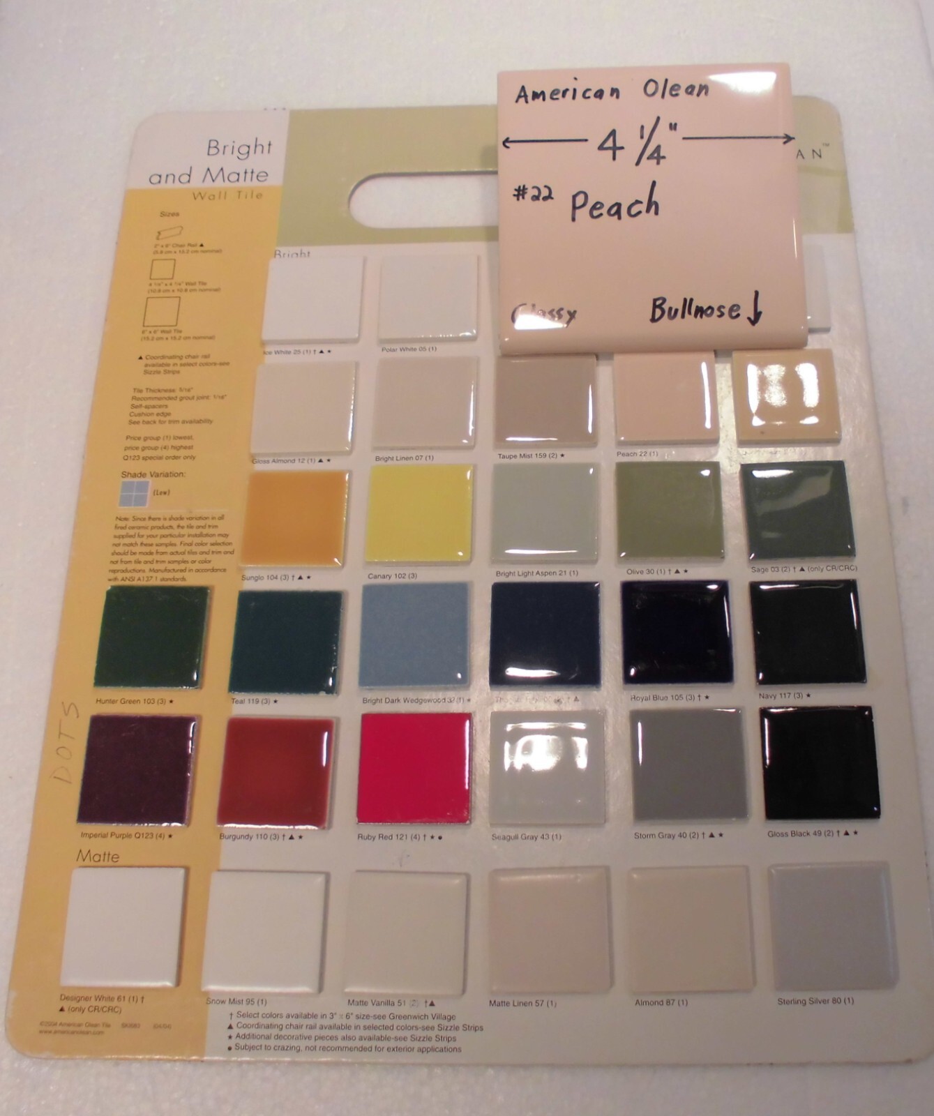 1 pc. *PEACH COLOR* Glossy Bullnose Ceramic Tile #22 by American Olean 4-1/4″