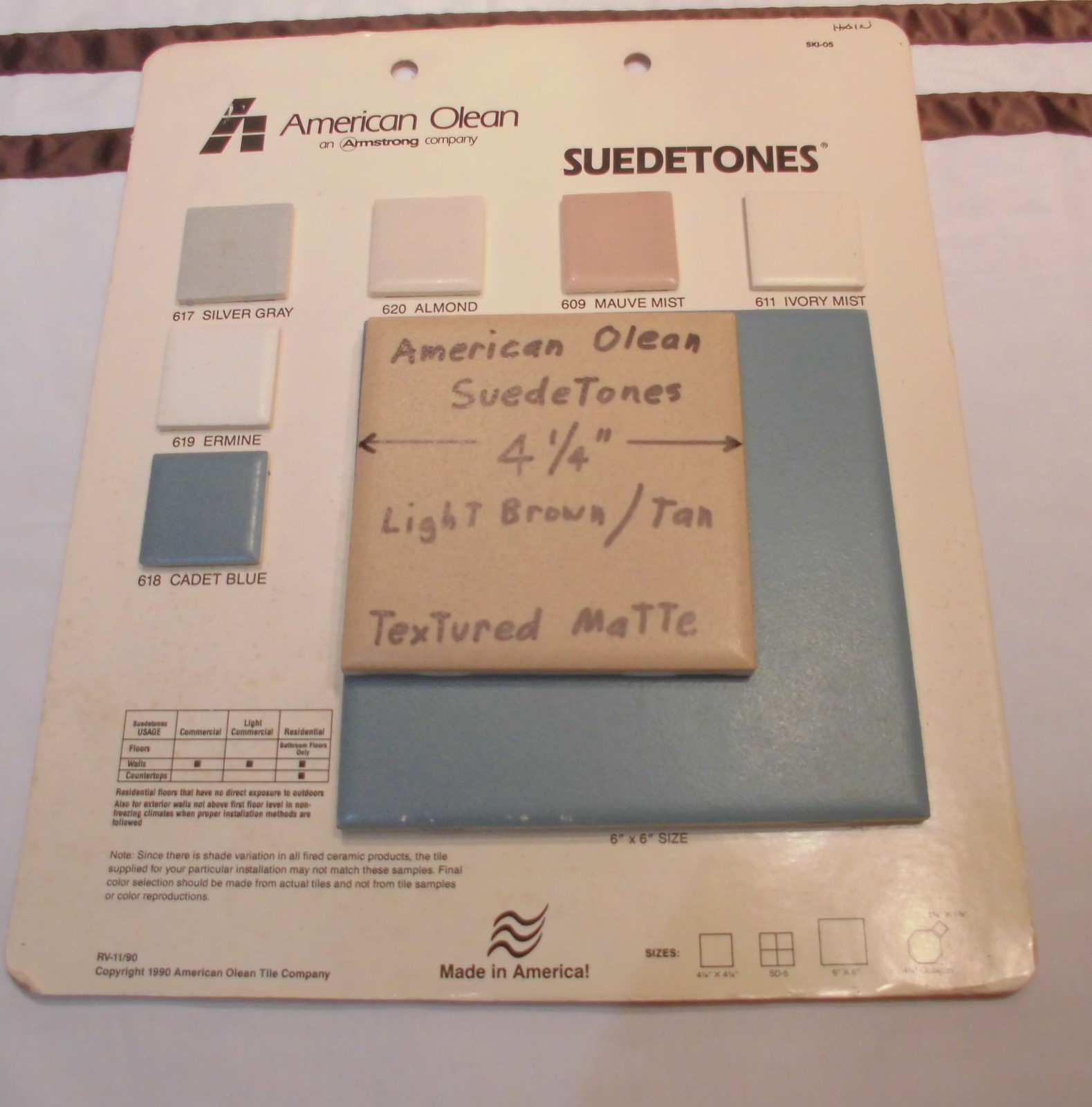 1 pc. *Light Brown* Ceramic Tiles *Suedetones* by American Olean Co. 4-1/4″ NOS