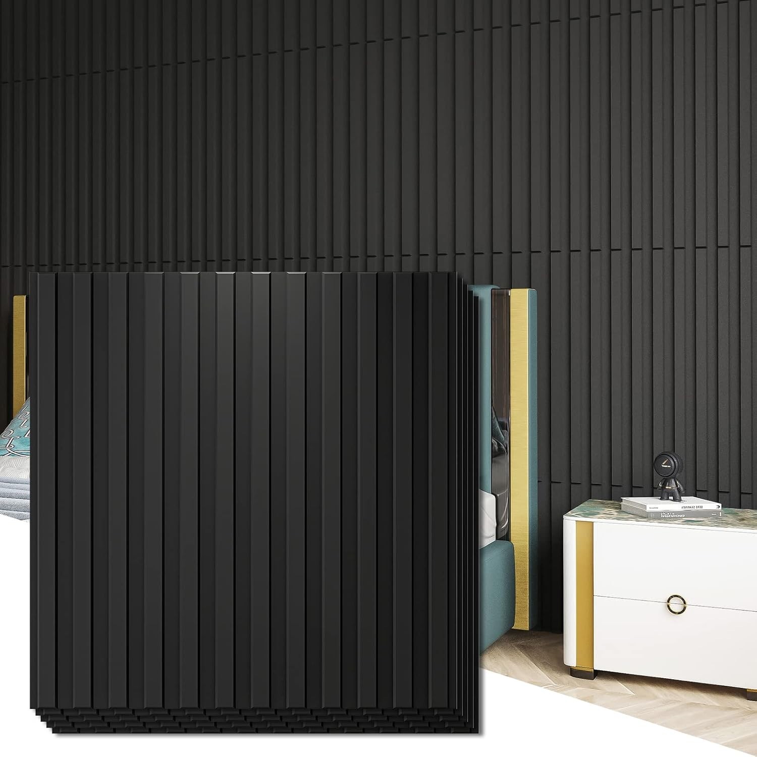Art3d 12-Tiles Slat Wall Panel 3D Fluted Textured 19.7 x 19.7″ (32 sq ft) BLACK