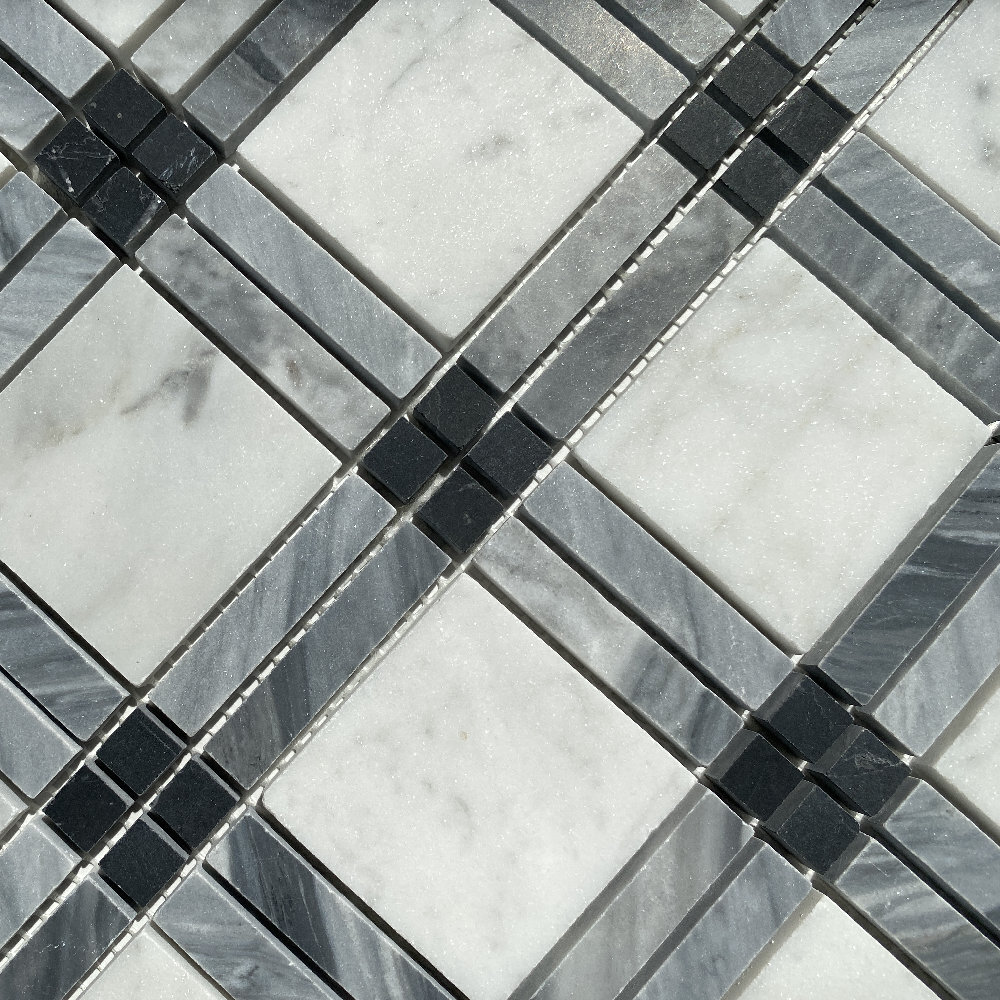 C261XH Carrara White Black Gray Marble Plaid Tartan Wall Floor Tile Matte