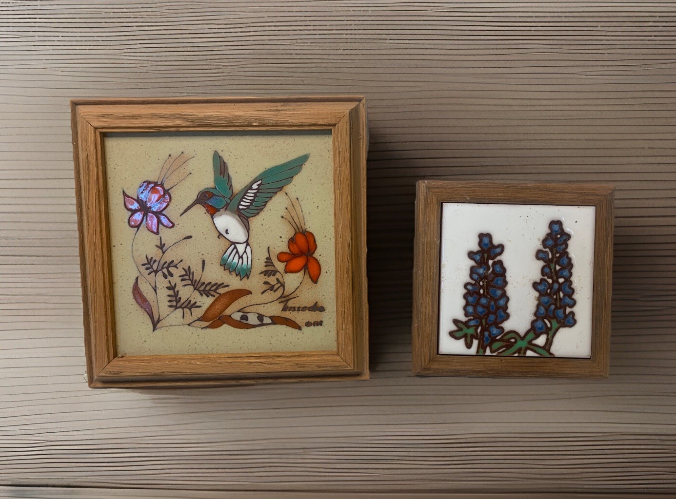 VTG Teissedre Framed Hummingbird-Art Tile-Southwestern Studios Bluebonnets Pair