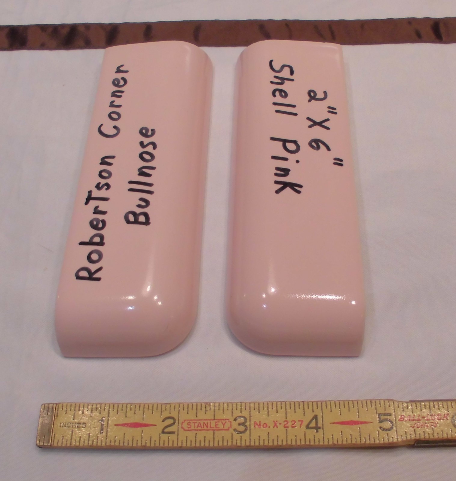 2 pcs. *Shell Pink* 2″ X 6″ Ceramic Radius Bullnose Corner Tiles by Robertson