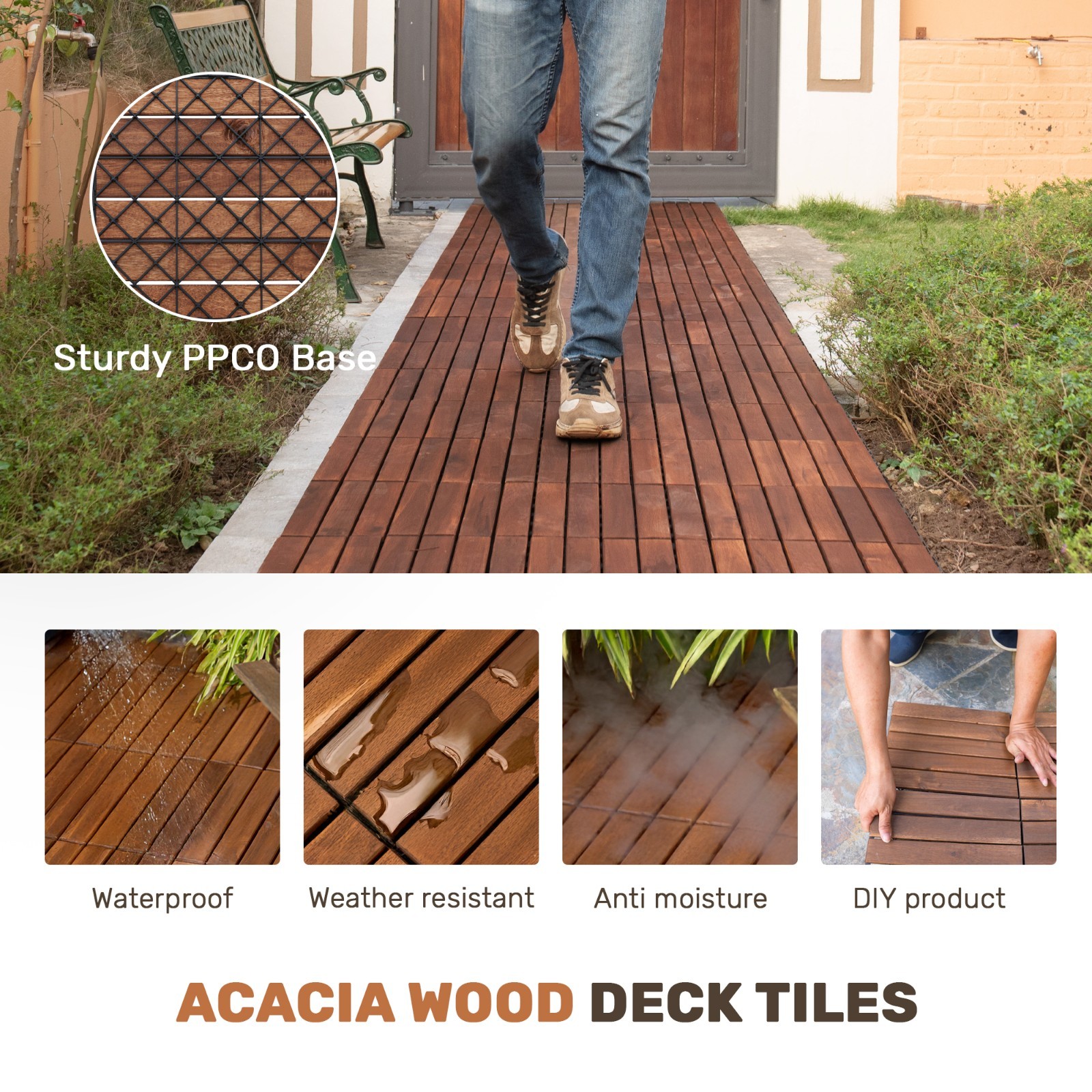 30pcs Acacia Wood Deck Tile Interlocking Flooring Pavers Tiles Outdoor Patio