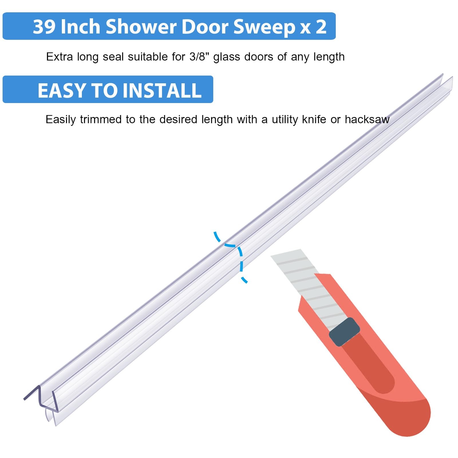 2-Pack Butecare Frameless Shower Door Bottom Seal sweep -3/8”, Clear