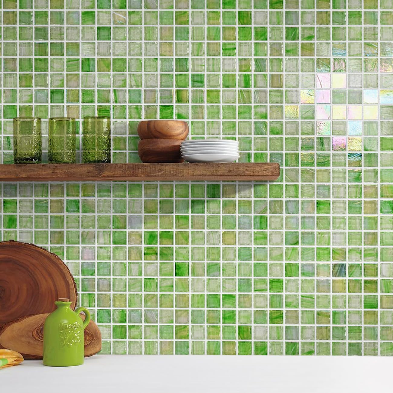 Covers 5.75 Sq.Ft Glue down Mosaic Tile – 0.4″X0.4″ Translucent Iridescent Glass