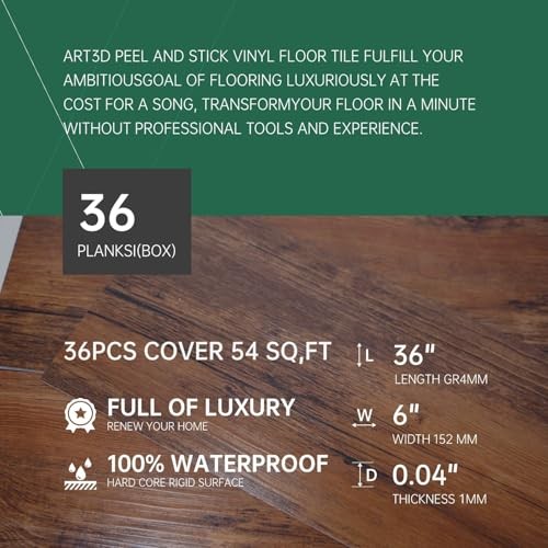 Peel and Stick Vinyl Flooring Pack 54 Sq.Ft, 36 x 6 x 0.1 inches 36 Brown