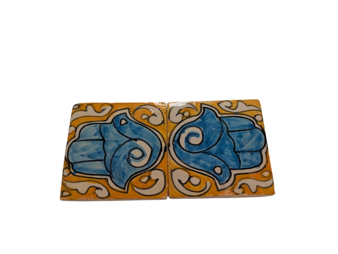 2x Moroccan Zellige Mosaic Tiles Pair Hamsa Design H 10cm/4 Inch