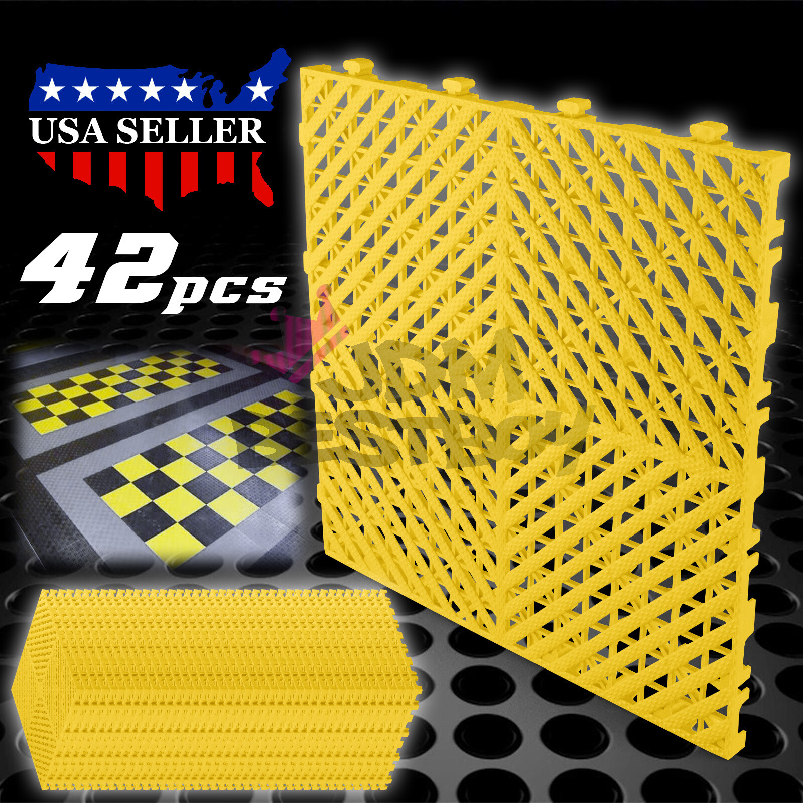 42pcs 16″x16″ Yellow Garage Floor Mat Perforated Flooring Tile Shop Interlocking