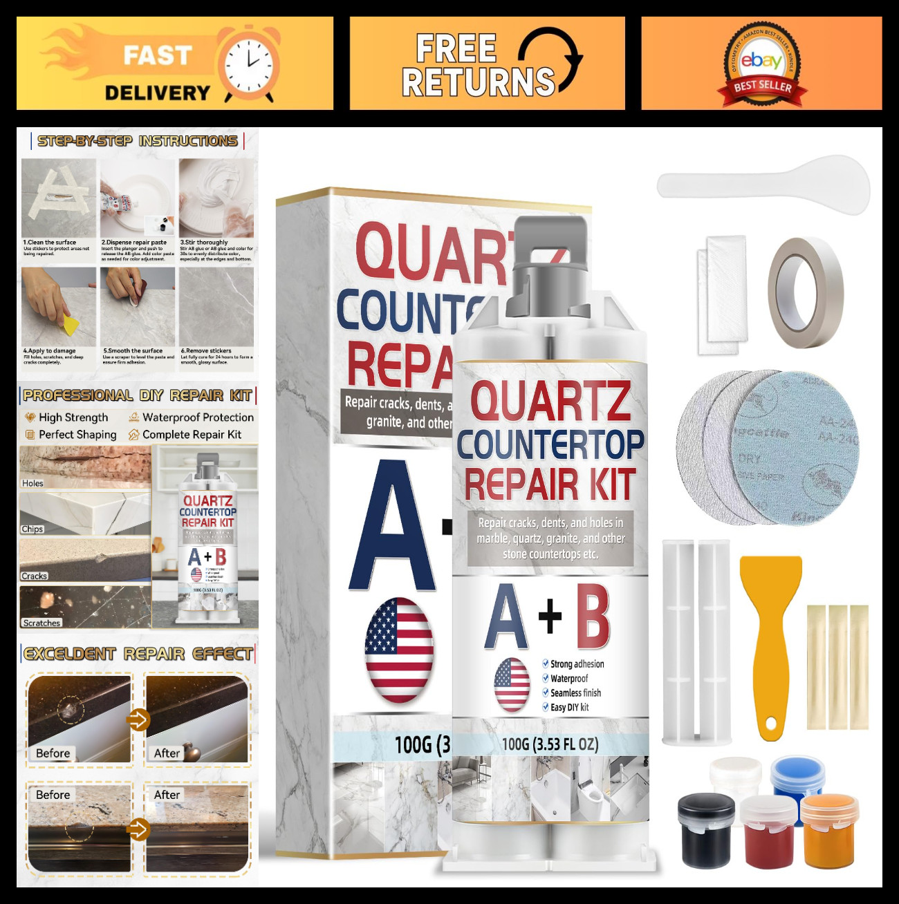 Quartz & Granite Countertop Repair Kit – Strong Bond, Seamless Fix for Marble, T