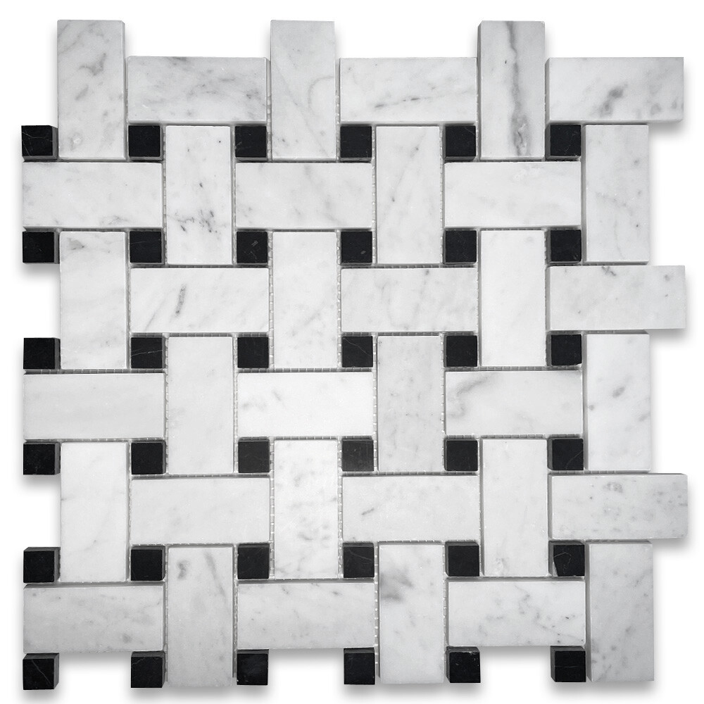 C65L1XH Carrara White Marble Wide Basketweave Mosaic Tile Black dots Honed