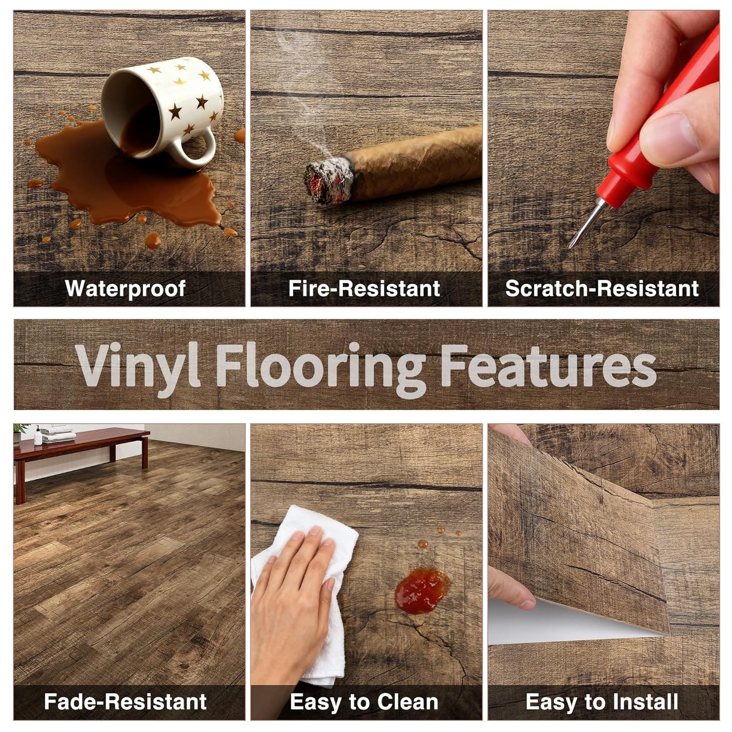 36 Pack Peel and Stick Vinyl Plank Flooring 54 Sq.Ft Wood Look Waterproof