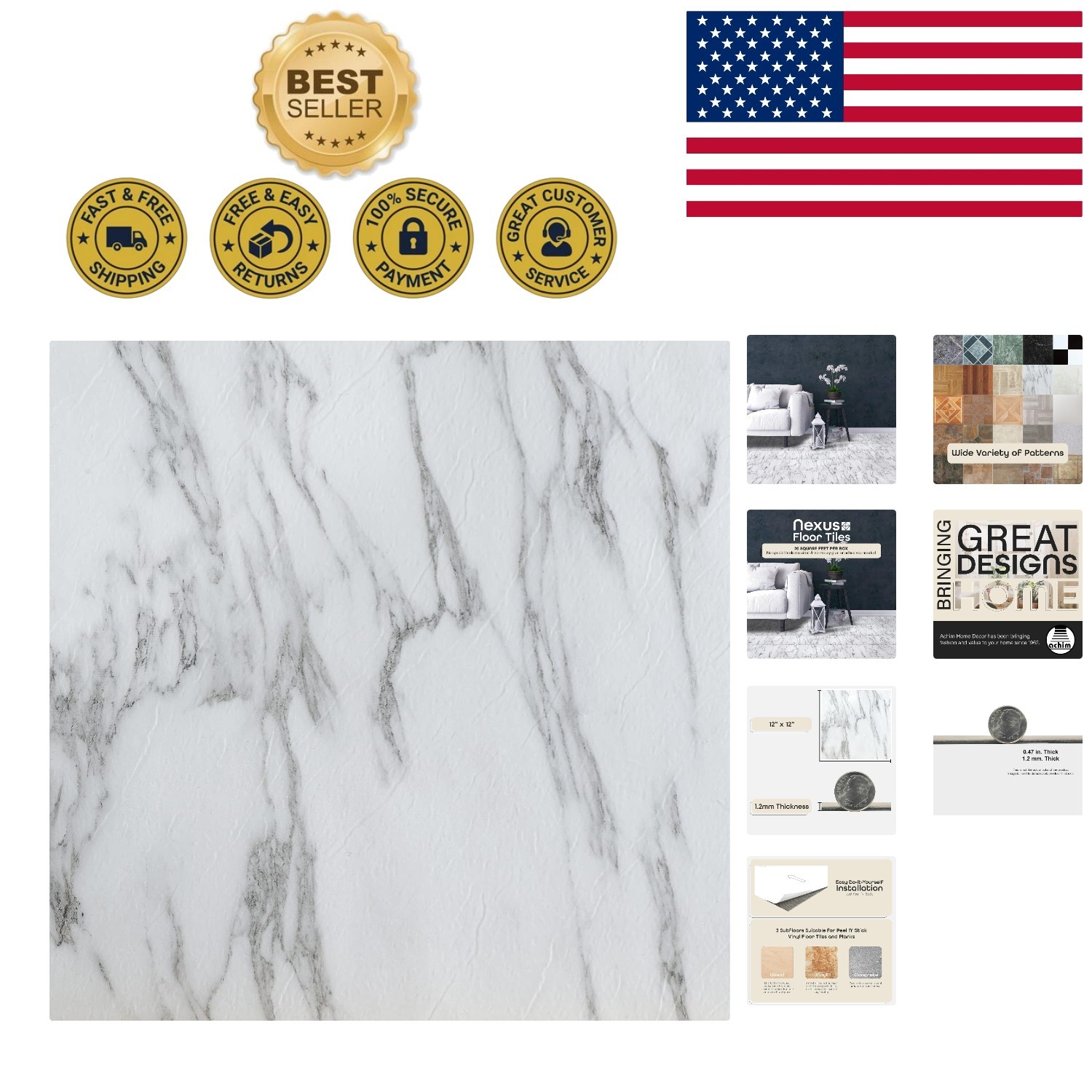 Transform Your Space with 20 Bianco Marble Vinyl Floor Tiles – Peel & Stick