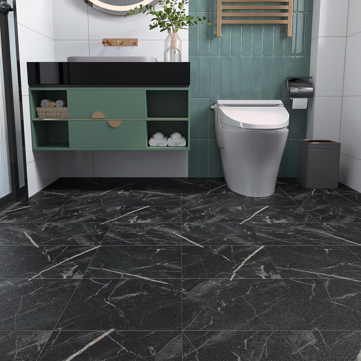 18 Pack Black Marble Peel and Stick Vinyl Floor Tiles 12″x12″ Waterproof
