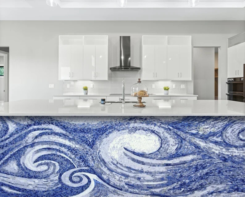OCEAN MOSAIC TILES | Sea View Blue Waves Artwork Tiles For Living Room Walls