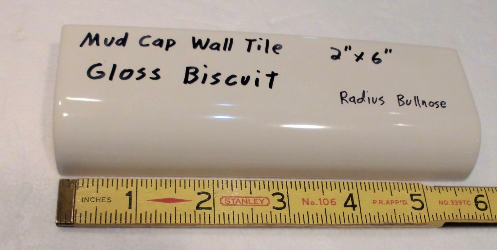 1 pc. Gloss Biscuit: 2″ X 6″ X 3/4″ Ceramic Radius Bullnose Tiles, Mud Caps, New