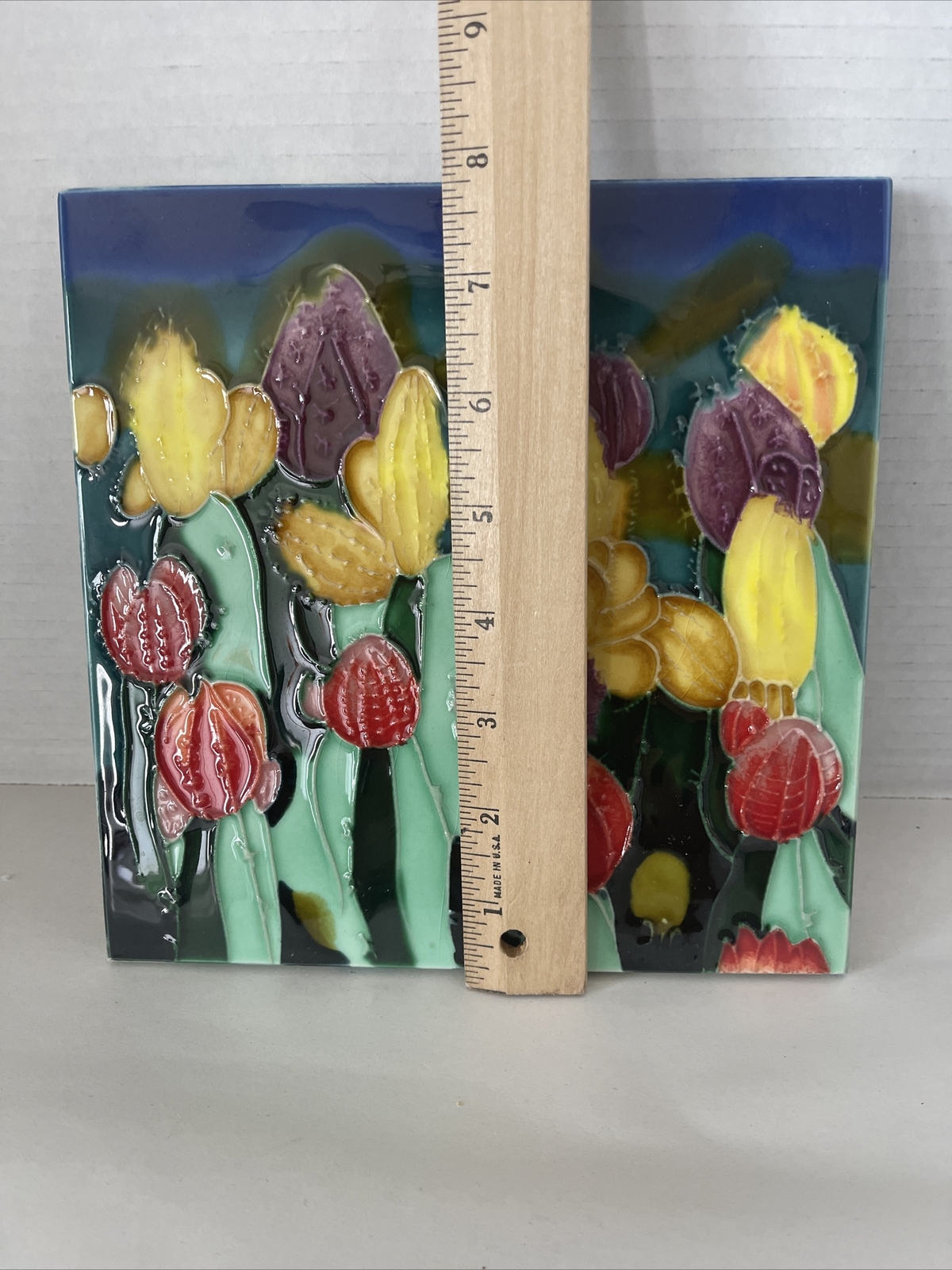 Tropical Cactus Flower Trivet Ceramic Art Tile 8×8” Freestanding Decorative