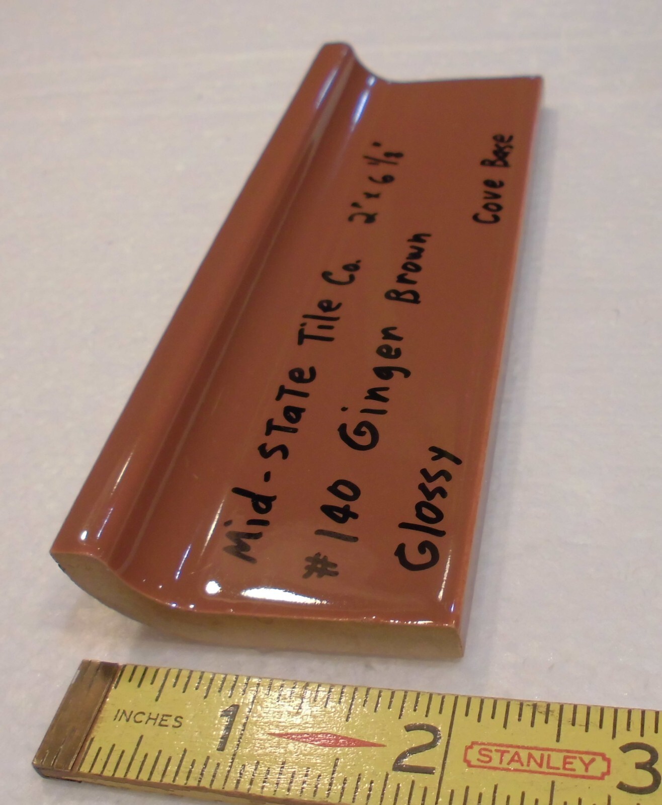 1 pc. Medium Brown: 2” X 6-1/8” Glossy Ceramic Cove Base Tile, Flat Top, NOS