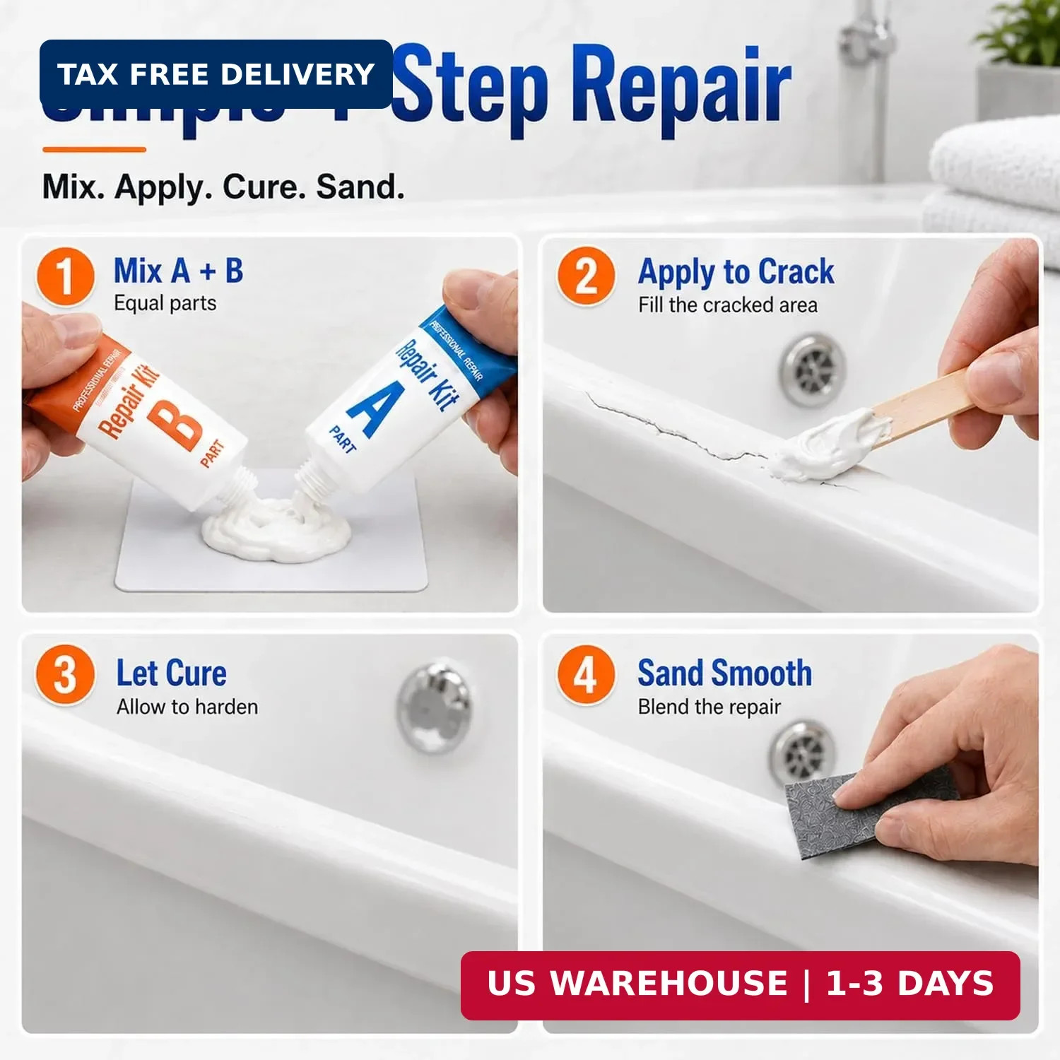 Tub Repair Kit White, Tub Chip and Bathtub Repair Kit for Enamel, Fiberglass, Ac