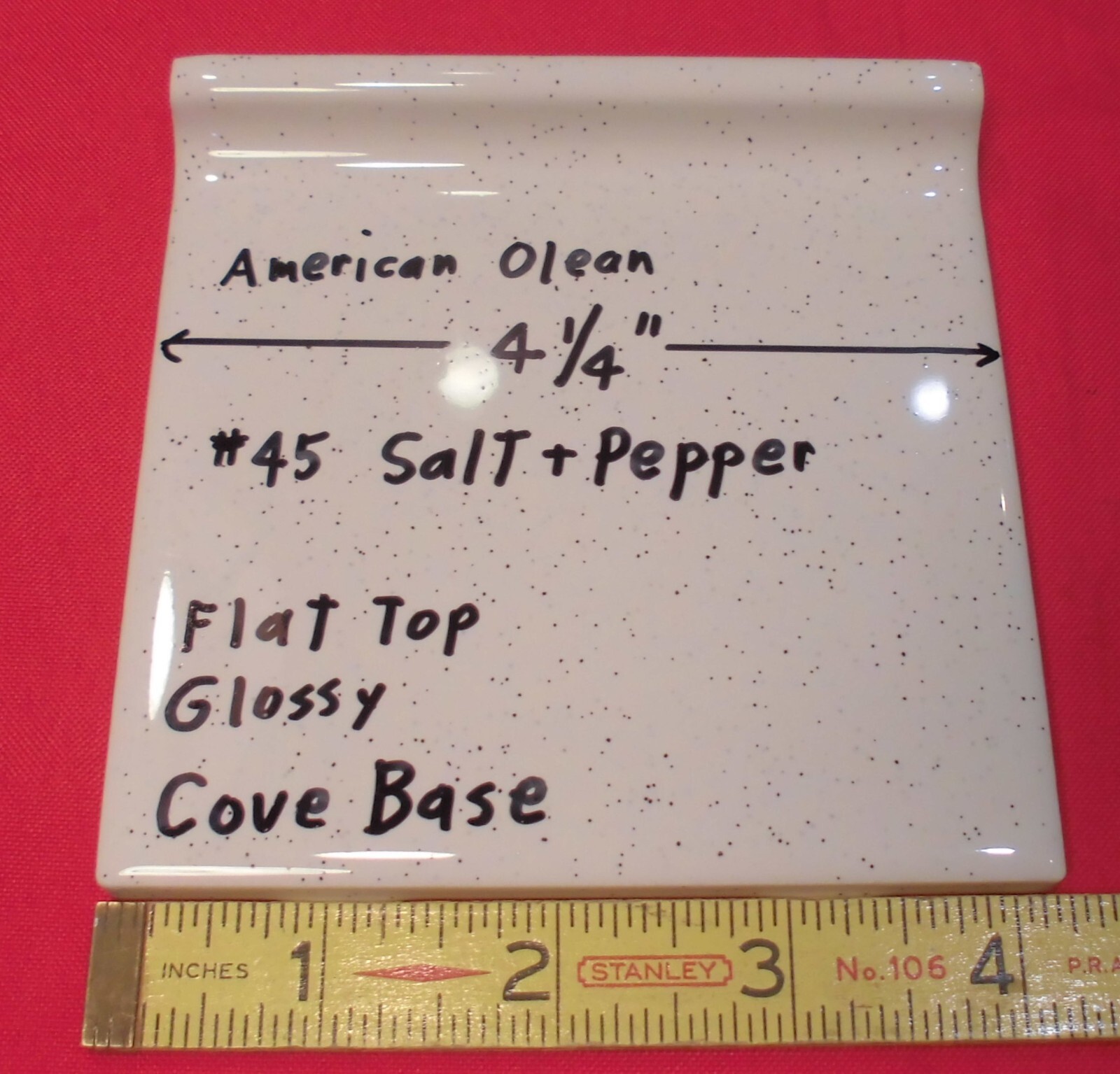 1 pc. Salt & Pepper: stack-on-top Cove/Base Ceramic Tile; 4-1/4″ American Olean