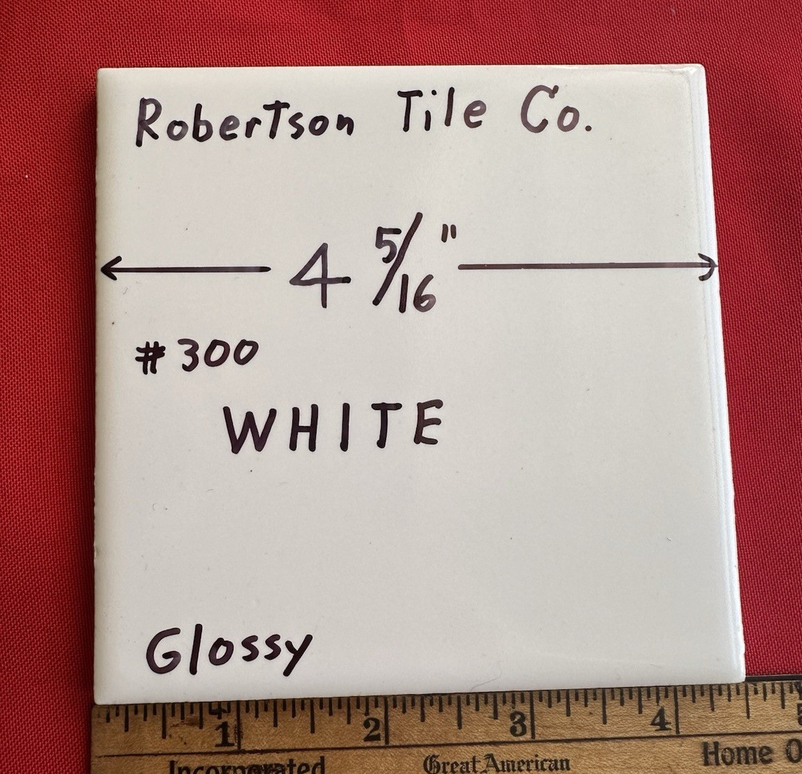 1 pc. Vintage Gloss White: Ceramic Tile by Robertson Co. 4-5/16″ made 1950’s