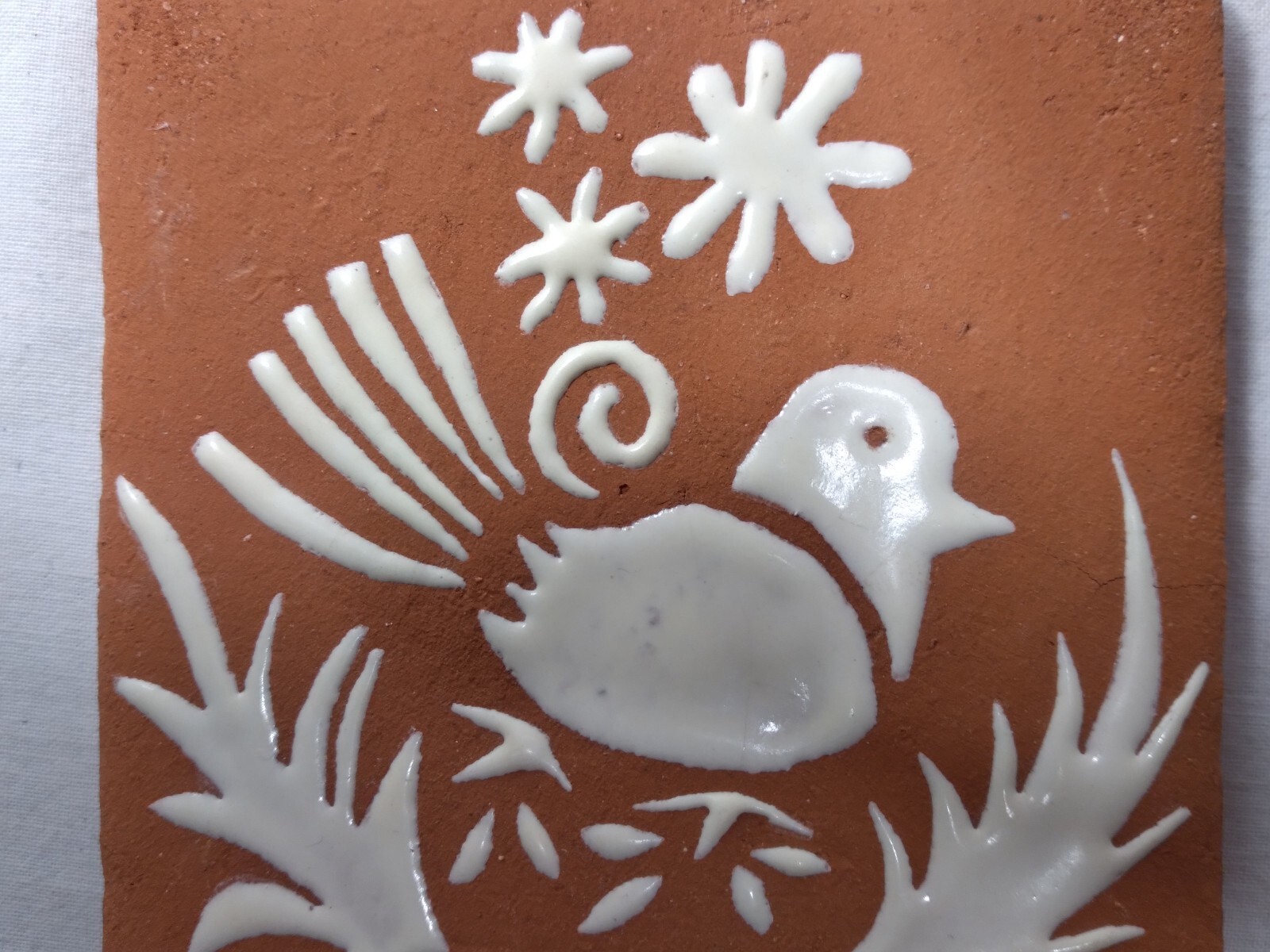 Handmade Decorative Terra Cotta Art Tile Glazed White Bird